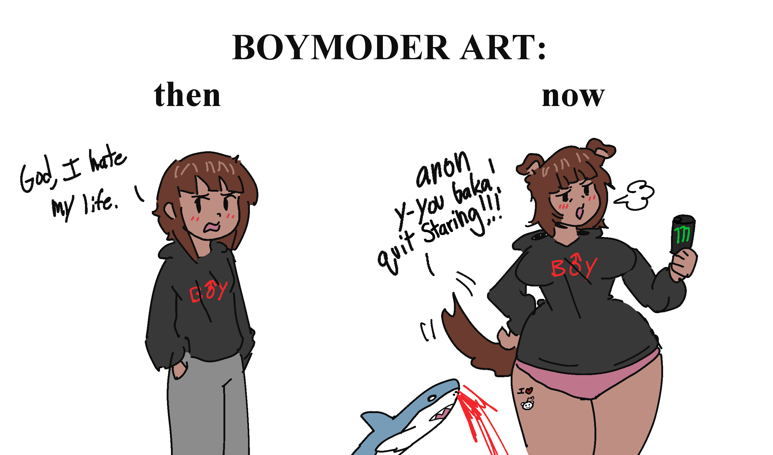 1girls, 1transfem, ass growth, bangs, before and after, blahaj, boymoder, breast growth, brinehav3n, brown hair, brown skin, dark-skinned female, dog ears, dog girl, furry, huge ass, huge breasts, ikea, meme, panties, puppygirl, puppyplay, reddit, simple background, snoo, tail, tattoo, thick thighs, trans woman, transfem, transwoman, tsundere