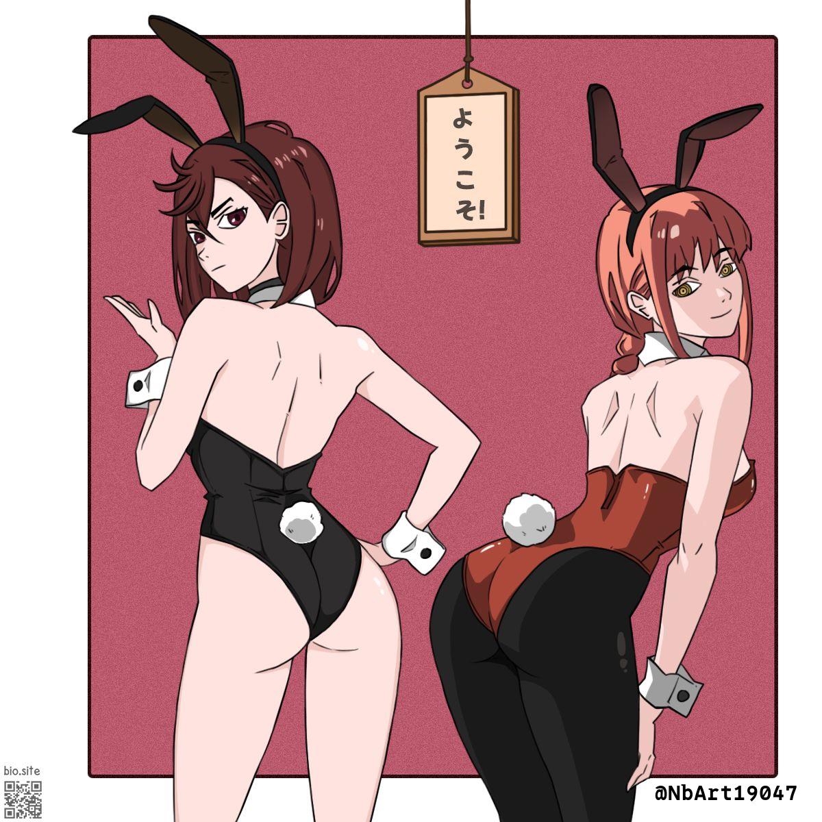 2d, 2d (artwork), 2d artwork, 2girls, adult, adult female, ass, ass cleavage, ass crack, ayase momo, back, backboob, black bunny ears, black bunnysuit, black hairband, black legwear, black leotard, black pantyhose, black tights, black topwear, braid, braided hair, braided ponytail, breasts, brown eyes, brown hair, brown-eyed female, brown-haired female, bunny costume, bunny ears, bunny tail, bunnygirl, bunnygirl outfit, bunnysuit, busty, busty female, butt, chainsaw man, closed mouth smile, collar, crossed bangs, dandadan, digital, digital art, digital drawing, digital drawing (artwork), digital media, digital media (artwork), drawing, earrings, elbows, female, female focus, female only, fingers, frown, frown eyebrows, frowning, frowning at viewer, gluteal fold, groin, gyaru, hair between eyes, hand on hip, hand on leg, hand on own hip, hand on own leg, hand on own thigh, hand on own waist, hand on thigh, hand on waist, head tilt, high resolution, high school student, highres, hourglass figure, large breasts, lean figure, leaning, leaning forward, legwear, leotard, long hair, looking at viewer, looking back, looking back at viewer, makima (chainsaw man), mature, mature female, median furrow, multiple females, multiple girls, narrow waist, nbart19047, pantyhose, ponytail, red background, red bunnysuit, red hair, red leotard, red topwear, red-haired female, ring eyes, ringed eyes, school girl, schoolgirl, scowl, shoulder blades, shoulders, sideboob, simple background, slender body, slender waist, slim female, slim waist, smile, smiley face, smiling, smiling at viewer, standing, teen girl, teenage female, teenage girl, teenager, thick ass, thick butt, thick thighs, thigh gap, thighs, tights, tilted head, topwear, touching hip, touching leg, touching thigh, touching waist, upper body, white collar, white wrist cuffs, wide hips, wrist cuffs, yellow eyes, yellow-eyed female, young female, young woman