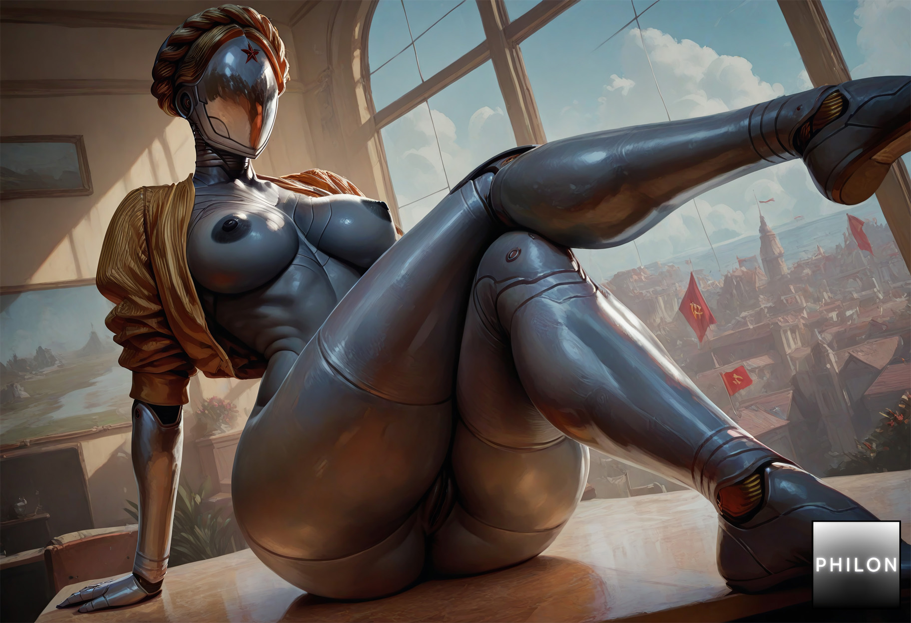 1girls, ai generated, ass, atomic heart, breasts, crossed legs, crown braid, dark nipples, faceless, faceless female, humanoid robot, joints, large breasts, metal skin, nipples, no eyes, open clothes, philon, pussy, red star, robot, science fiction, sitting, sky, solo, stable diffusion, the twins (atomic heart), thick thighs, thighhighs, thighs, window