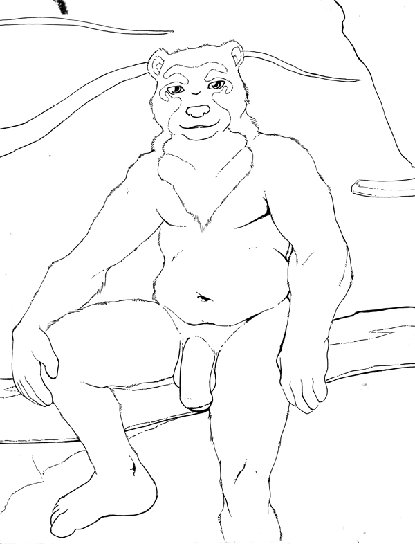 2011 5_fingers 5_toes anthro balls bear belly biped black_and_white collarbone dbruin facial_markings feet flaccid fupa fur hand_on_leg humanoid_feet humanoid_hands humanoid_penis looking_at_viewer male male_only mammal markings monochrome navel nude penis plantigrade sitting slightly_chubby smile solo spectacled_bear toes uncut