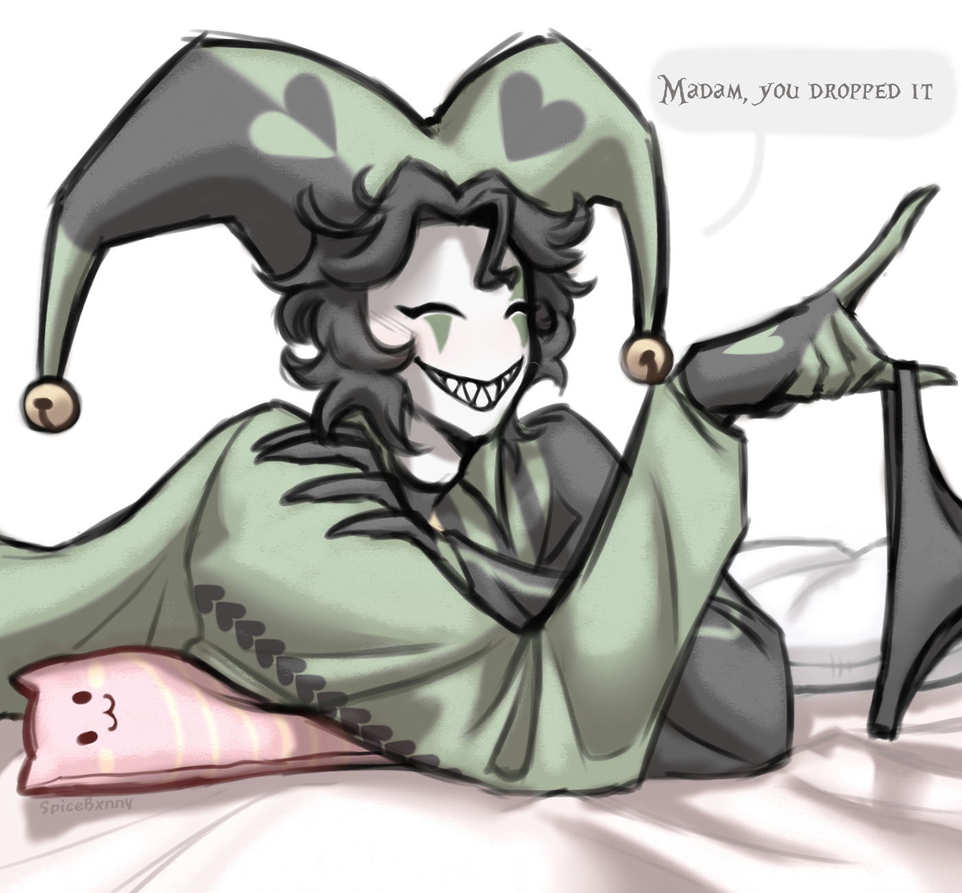 black hair, black panties, female underwear, green clothing, harlequin (the freak circus), heart symbol, holding object, holding panties, laying down, laying on bed, laying on stomach, smiling, smiling at viewer, solo focus, solo male, spicebxnny, teasing, teasing viewer, the freak circus