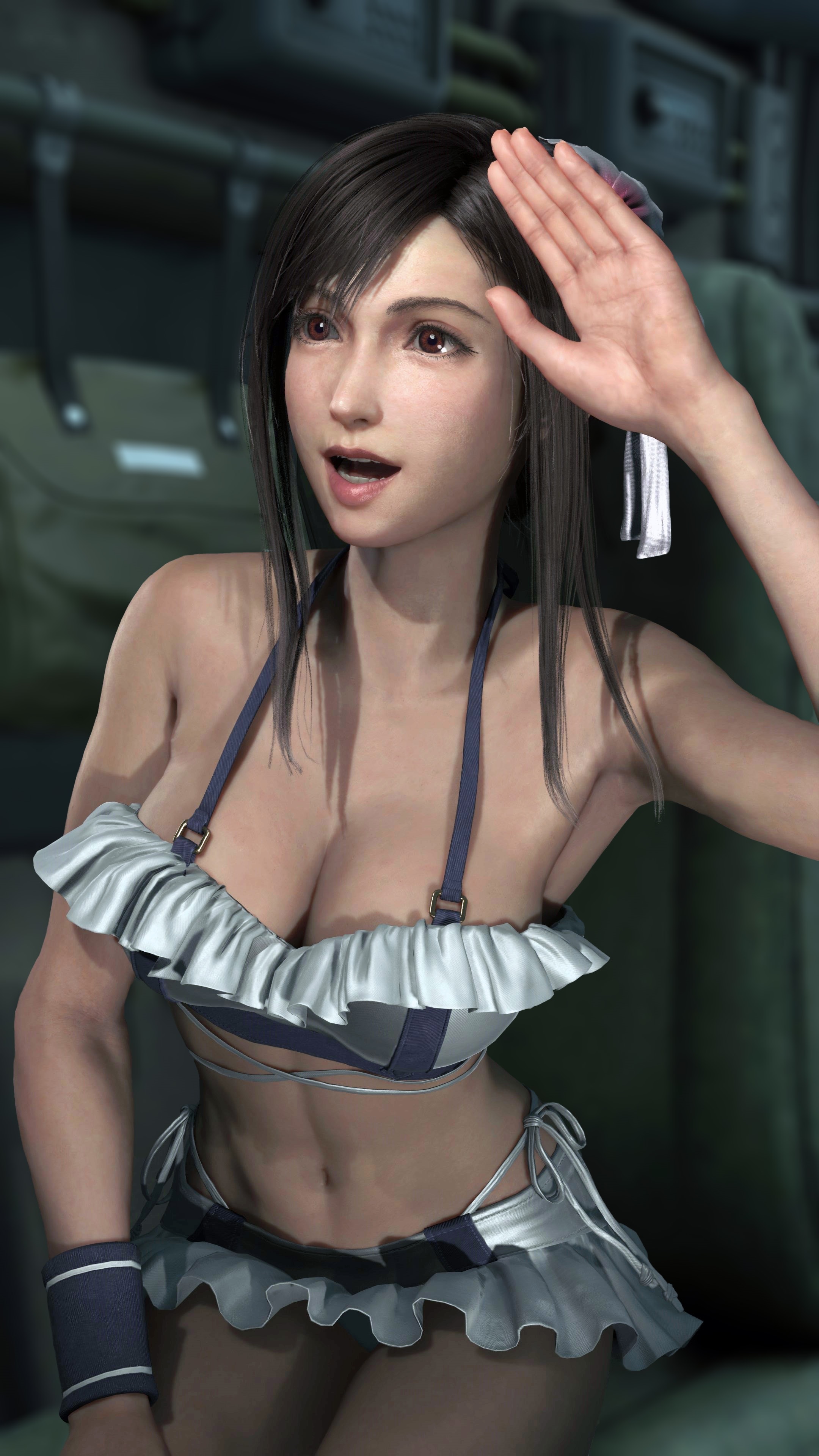 1girls, 3d, 3d (artwork), 3dcg, absurd res, absurd resolution, absurdres, alternate costume, alternate outfit, bare shoulders, beautiful woman, brown eyes, brown-haired female, cleavage, collarbone, edited screencap, femsub, filter, filtered, final fantasy, final fantasy vii, flower in hair, game cg, happy female, high quality, high resolution, highres, huge breasts, kurome, long-haired female, mature woman, miniskirt, pool-skirt, short skirt, skirt, smiling, smiling female, source request, swim skirt, swimsuit, thong, thong bikini, thong bikini bottom, tifa lockhart, tifa lockhart (shining spirit), unbothered, wave, white miniskirt, white skirt