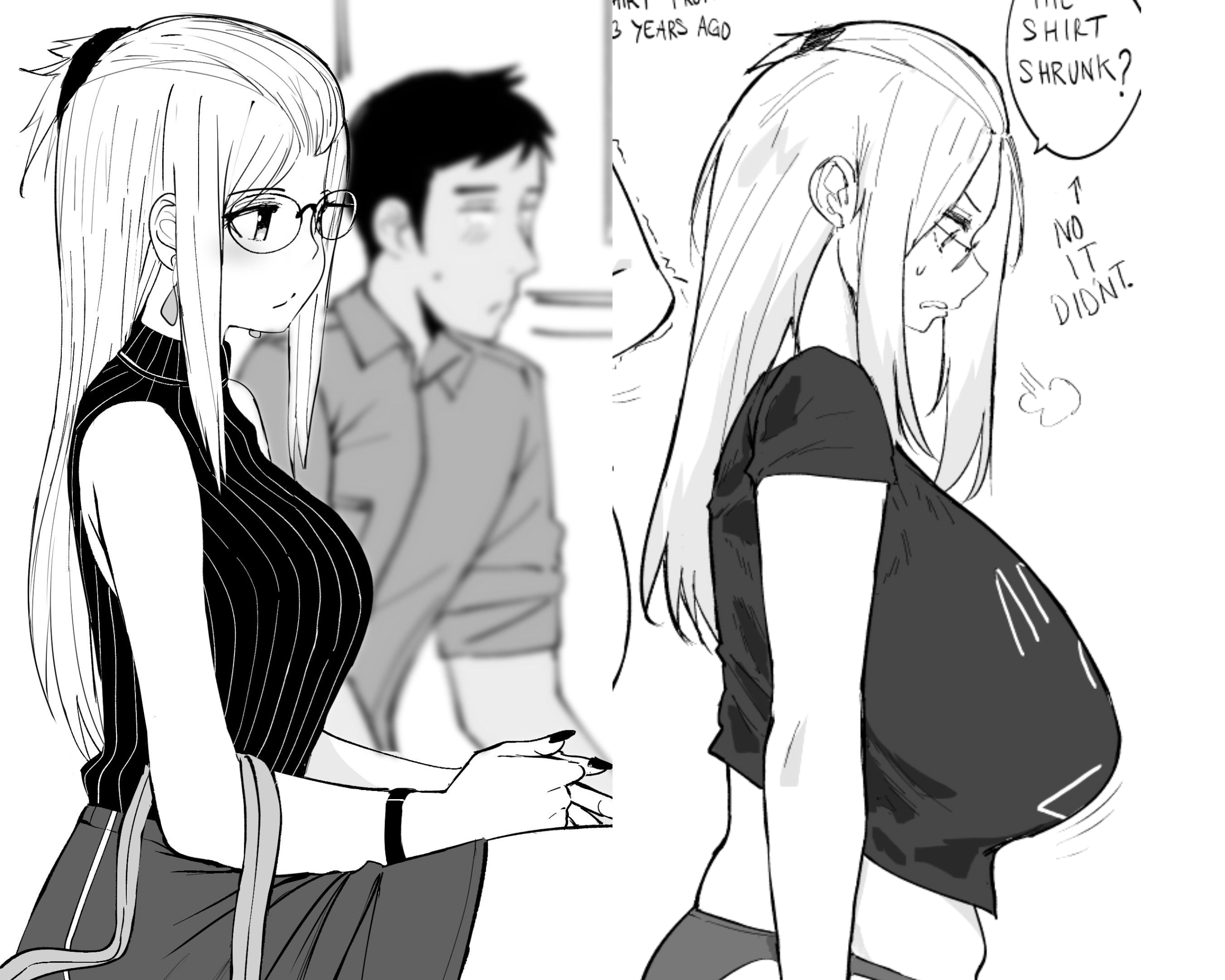 1boy, 1girl, before and after, breast expansion, breast growth, breasts, breasts bigger than head, bursting breasts, cleavage, curvy, expansion, gigantic breasts, growth, highres, huge breasts, inconvenient breasts, inne sulistya robin, large breasts, norman maggot, original, third-party edit, weight gain
