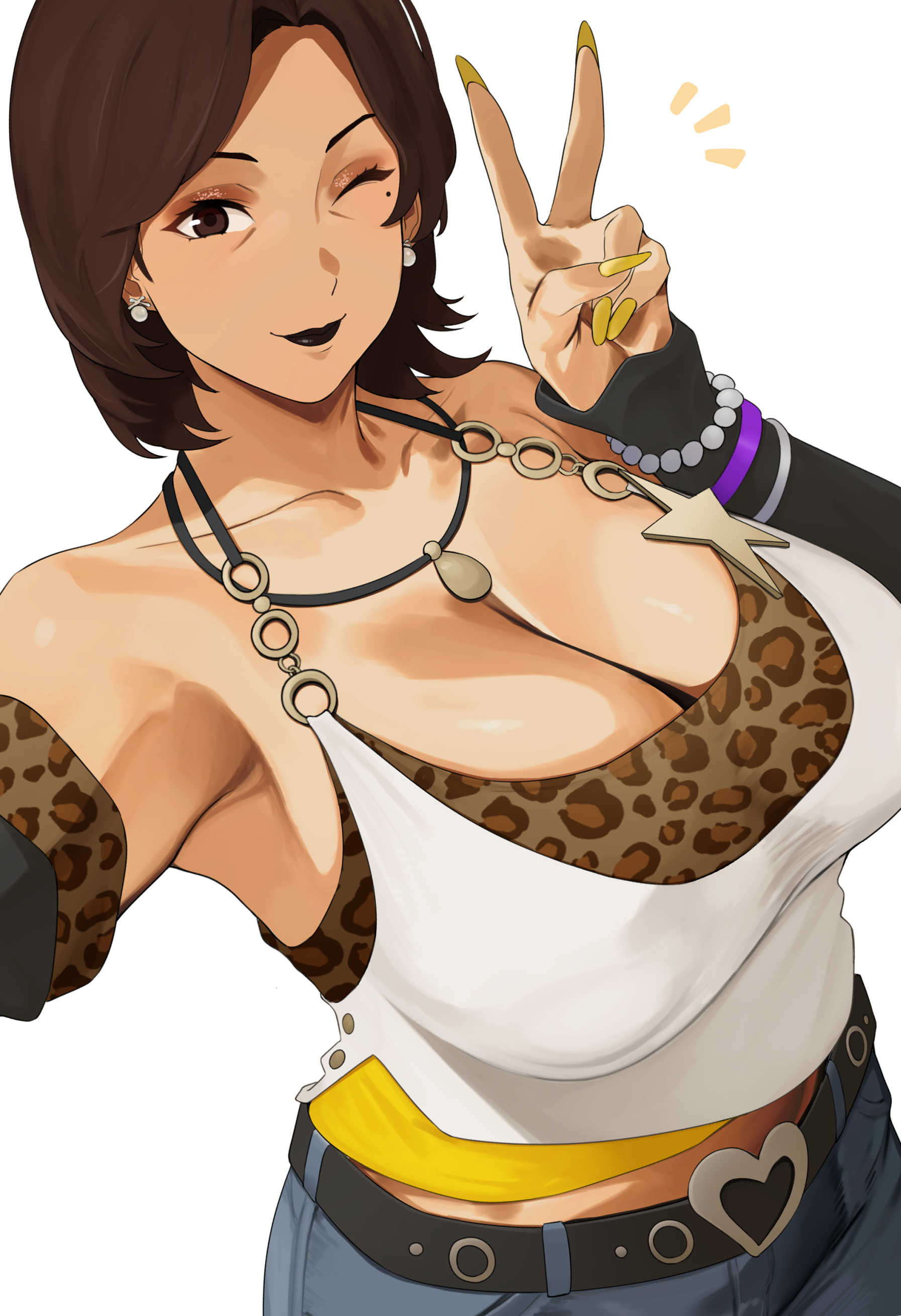 1girls, alternate version available, armwear, atlus, beautiful woman, belt, big breasts, black lips, black lipstick, blue pants, bottomwear, bracelet, breasts, brown eyes, brown hair, cleavage, detached sleeves, ear piercing, earrings, female, female only, hair, huge breasts, jeans, kayo tomiyama, leopard print, lips, lipstick, mature, mature female, mature woman, milf, mole, mole under eye, nail polish, nails, necklace, neckwear, nohohon, one eye closed, pants, peace sign, persona, persona 5, persona 5: the phantom x, shirt, smile, solo, solo female, tan, tan body, tan skin, tanned, tanned female, tanned skin, topwear, white background, white shirt, wink, winking, yellow nail polish, yellow nails