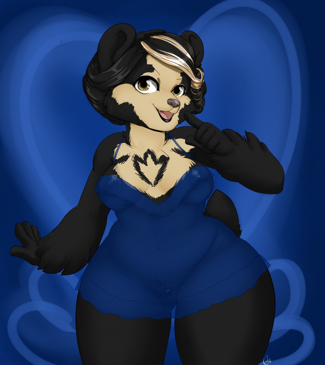 2016 5_fingers anthro arm_tuft bear belly big_breasts biped black_fur black_hair black_lips black_markings black_tail blonde_hair blue_background blue_clothing blue_theme breasts brown_nose butt_from_front chemise chest_markings clitoris clothing edith_(halostar) facial_markings fangs female front_view fur hair half-length_portrait hand_on_face humanoid_hands looking_at_viewer love_handles mammal markings multicolored_fur multicolored_hair navel nipples open_mouth open_smile pink_tongue pinup pointing portrait pose pussy rileyserenity sheer_clothing short_hair short_tail simple_background slightly_chubby small_waist smile snout solo spectacled_bear standing tan_fur tan_markings thick_thighs tongue translucent transparent_clothing two_tone_fur two_tone_hair voluptuous wide_hips yellow_eyes