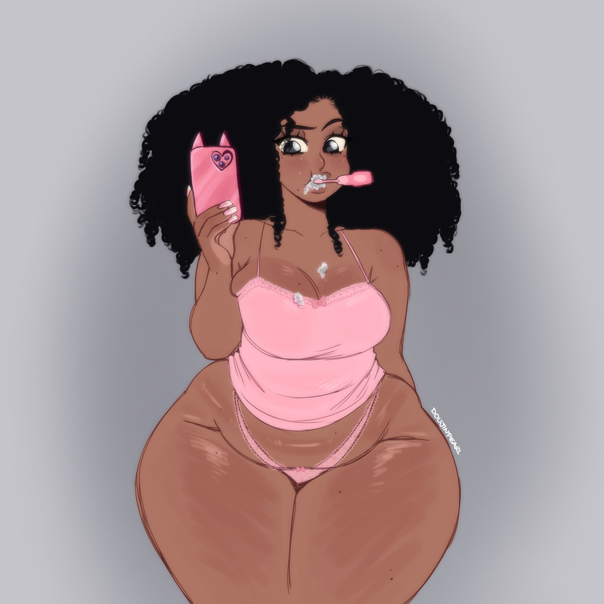 1girls, breasts, chubby, chubby female, dark skin, dark-skinned female, doujinpearl, female, female focus, female only, large breasts, original, pearl (doujinpearl), solo, solo focus, thick thighs, thighs, wide hips