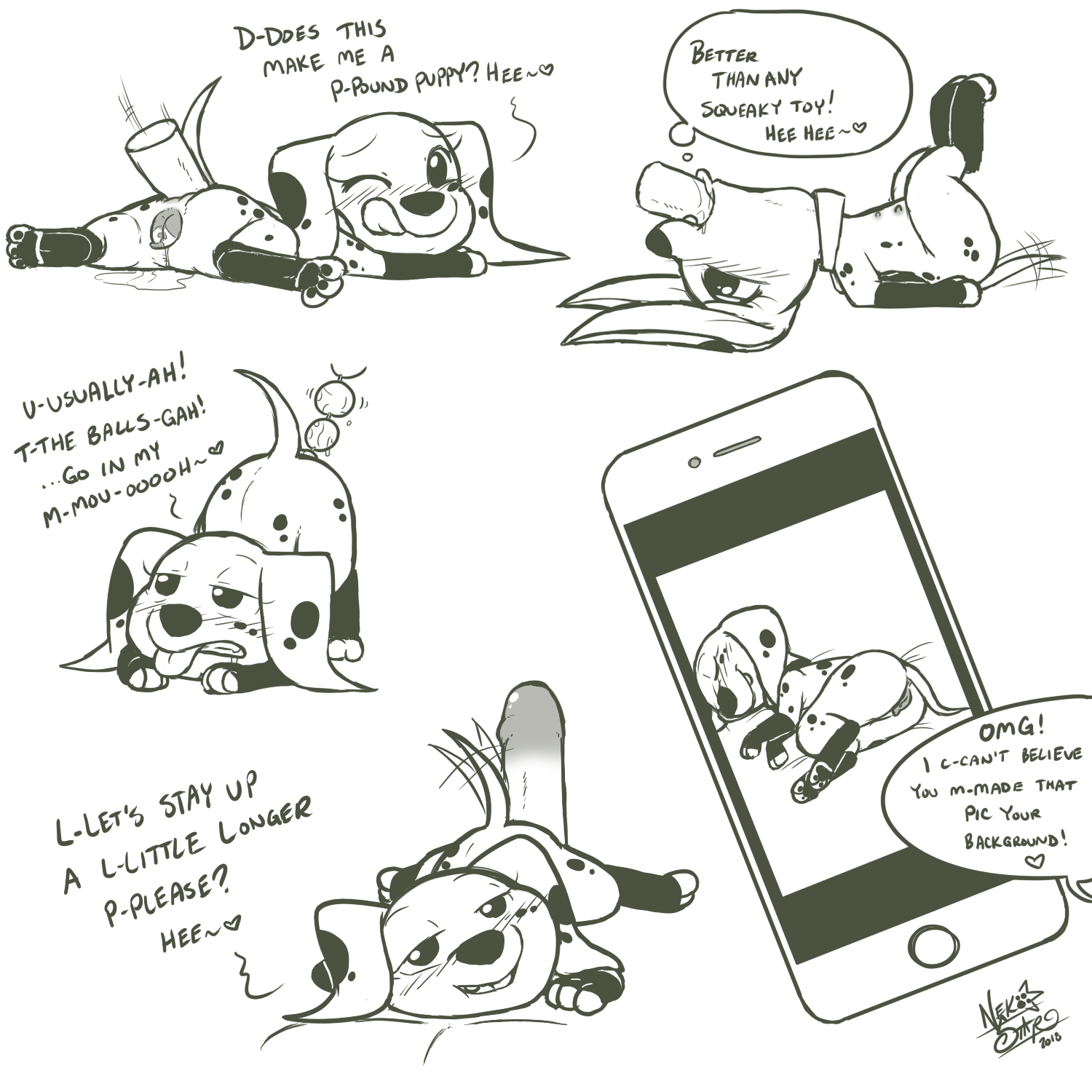 ?, 101 dalmatian street, 101 dalmatians, 2018, 3 toes, all fours, anal, anal beads, anal sex, animal genitalia, animal pussy, ass, ass up, black nose, black pawpads, blush, canine, canine pussy, collar, comic, dalmatian, disembodied penis, disney, dolly (101 dalmatians), duo, ears down, english text, erection, fellatio, female, female penetrated, feral, half-closed eyes, head down, heart, human, human on feral, humor, inkbunny, interspecies, legs up, looking at viewer, looking back, looking pleasured, male, male on feral, male penetrating, mammal, monochrome, multi nipple, nekostar, nipples, oral, pawpads, penetration, penis, phone, photo, pussy, pussy juice, raised tail, sex, sex toy, snout, speech bubble, spots, spread legs, spreading, straight, teasing, teeth, text, toes, tongue, tongue out, zoophilia