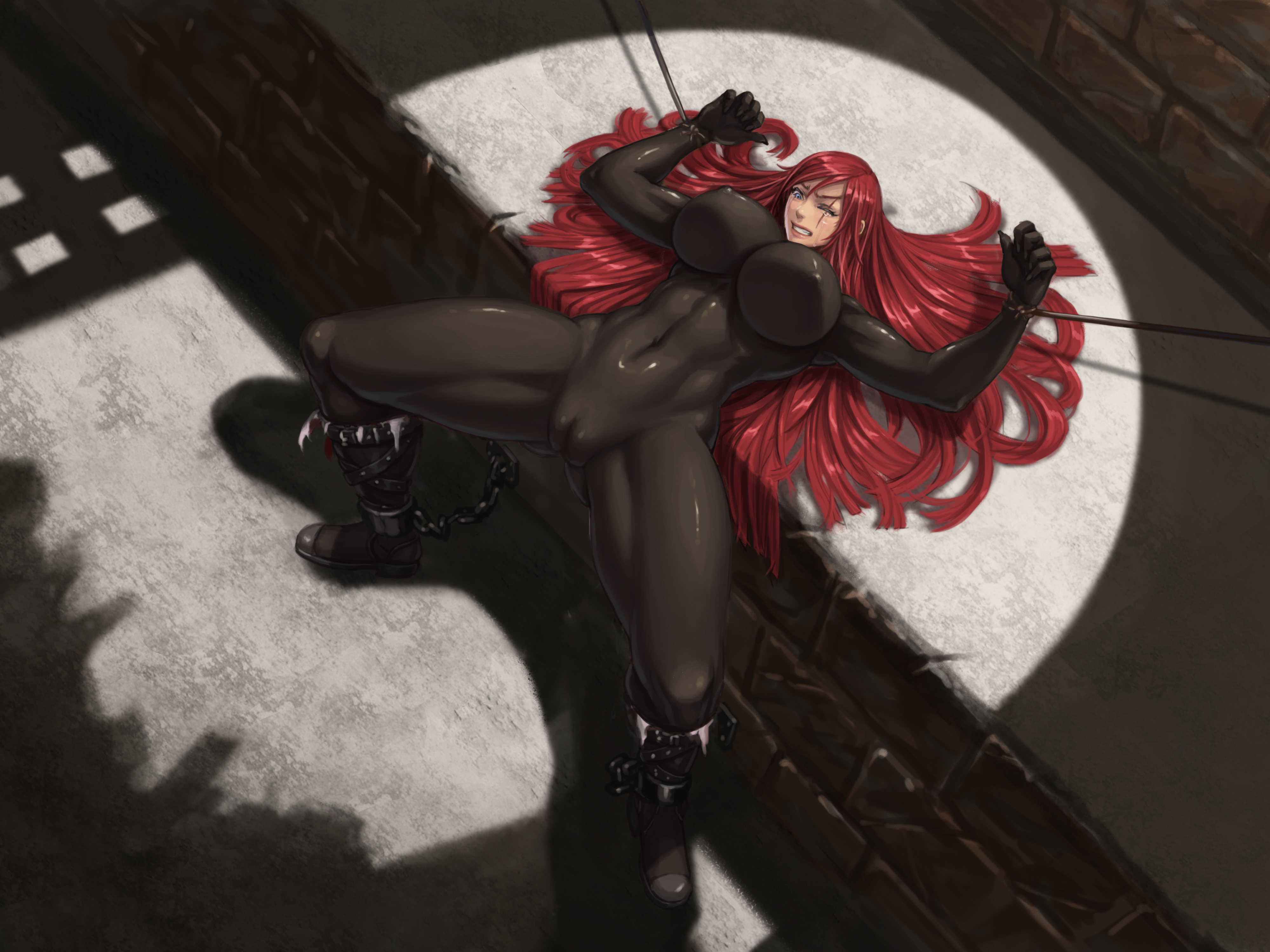 1girls, abs, big breasts, blue eyes, bound, breasts, cameltoe, chains, crying, erect nipples, erect nipples under clothes, female, female only, huge breasts, katarina du couteau, latex, laying back, league of legends, muscular, muscular female, muscular sub, nipples, one eye closed, pussy, red hair, scar, solo, tears, xxoom