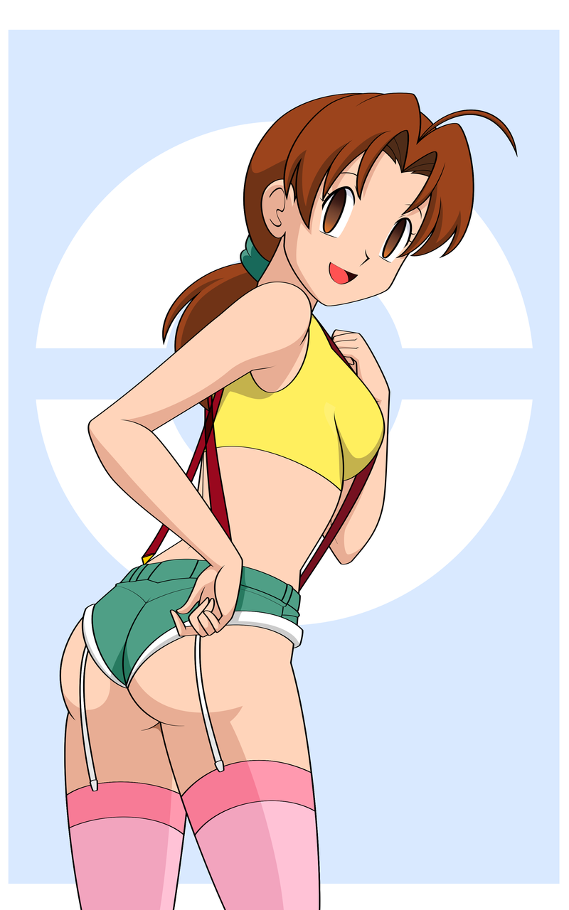 1girls ahoge armpits bare_shoulders blue_background breasts brown_eyes brown_hair clothed cosplay delia_ketchum_(pokemon) empty_eyes female female_only gym_leader_(cosplay) human human_only implied_hypnosis jimryu kasumi_(pokemon)_(cosplay) long_hair looking_at_viewer looking_back milf mind_control misty_(pokemon)_(cosplay) mother nintendo open_mouth pokemon pokemon_rgby ponytail shirt shorts smile solo standing straps suspenders tank_top thighhighs tongue