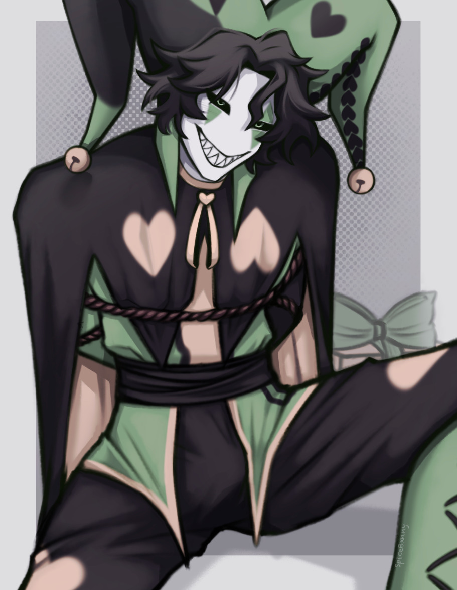 black hair, bulge, bulge through clothing, bulge under clothes, green and black, green clothing, green eyes, grin, grinning, grinning at another, grinning at viewer, harlequin (the freak circus), monster, monster boy, smirk, smirking, smirking at viewer, solo, solo focus, solo male, spicebxnny, the freak circus, tied, tied arms, tied up