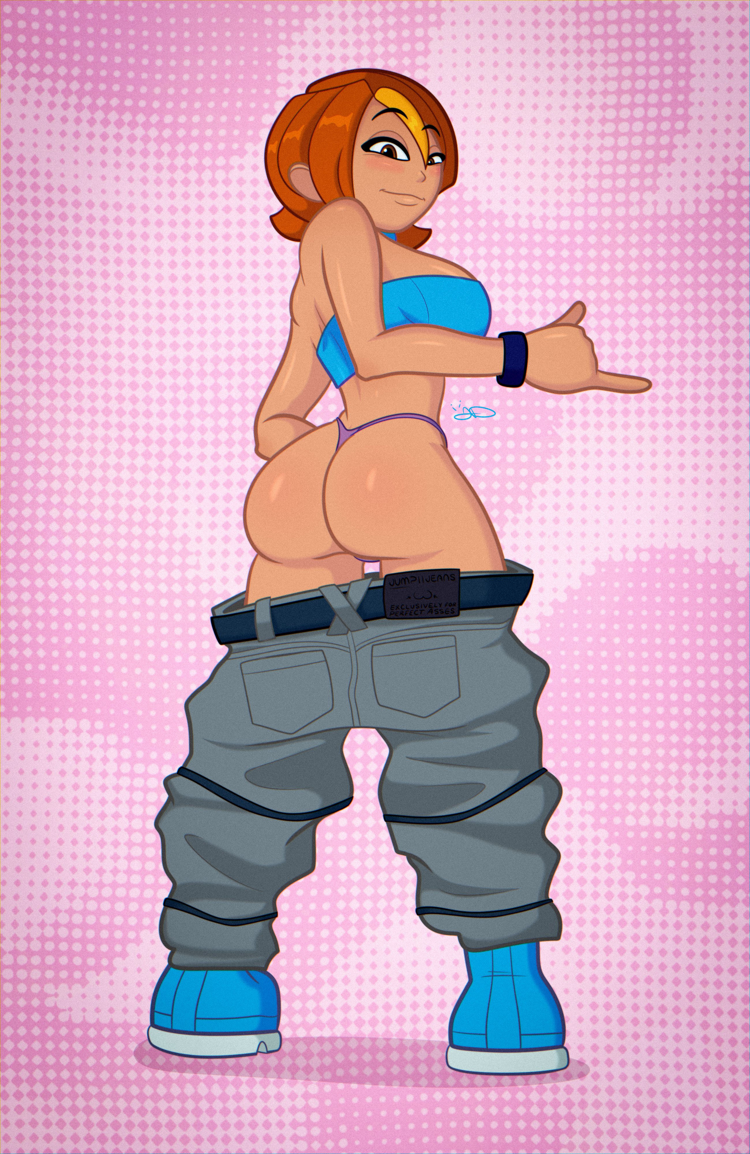 1girls, armwear, ass, belt, big ass, black pants, bottomwear, bracelet, breasts, brown eyes, brown hair, butterfly (planetronika), female, female only, footwear, hair, jumpdriiver, looking back, pants, pants down, pink background, planetronika, presenting, presenting hindquarters, purple thong, shoes, short hair, sideboob, solo, solo female, thong, topwear, tubetop, underwear