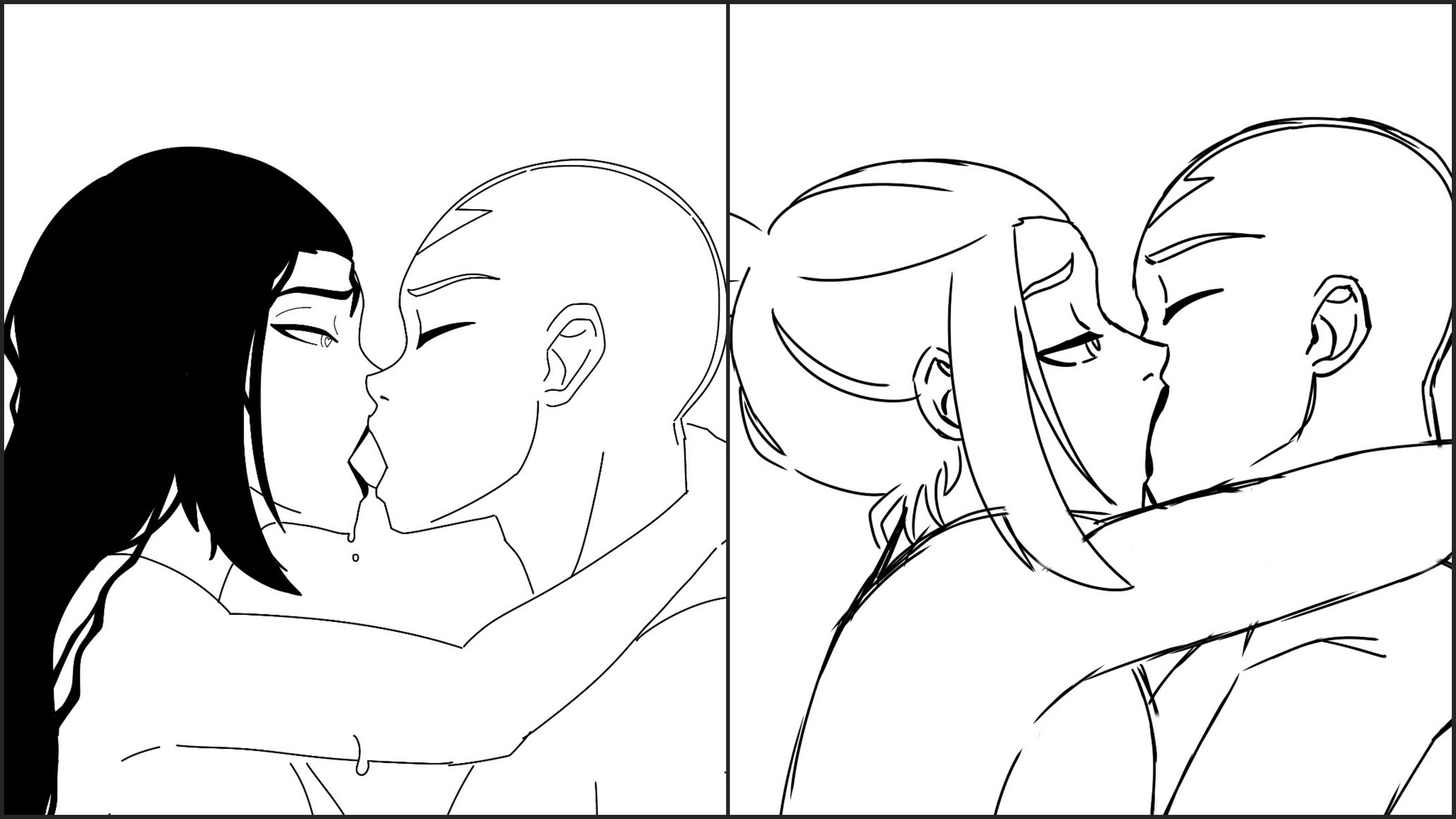1boy, 1boy1girl, 1girls, aang, aged up character, air nomad, arms around neck, arms around partner, avatar the last airbender, azula, embrace, enemies to lovers, fire nation, french kiss, heart-shaped pupils, hugging, kissing, lipstick, love, making out, monochrome, mutty, passionate, pressed together, princess, sweat, topless