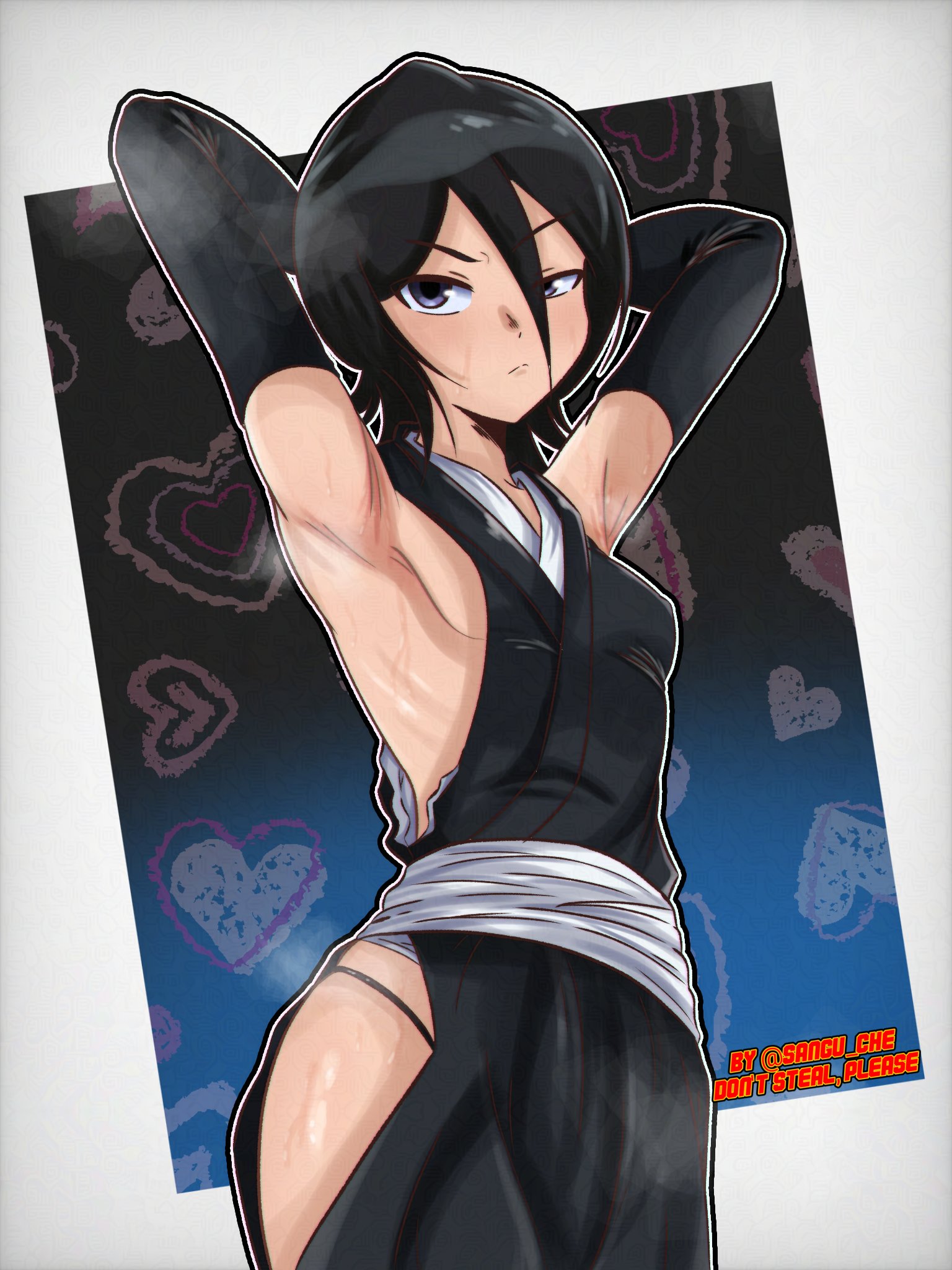 1girls, armpits, black hair, bleach, blue eyes, breasts, elbow gloves, gloves,, heart, japanese clothes, kuchiki rukia, looking at viewer, sanguchito, short hair, sideboob, solo
