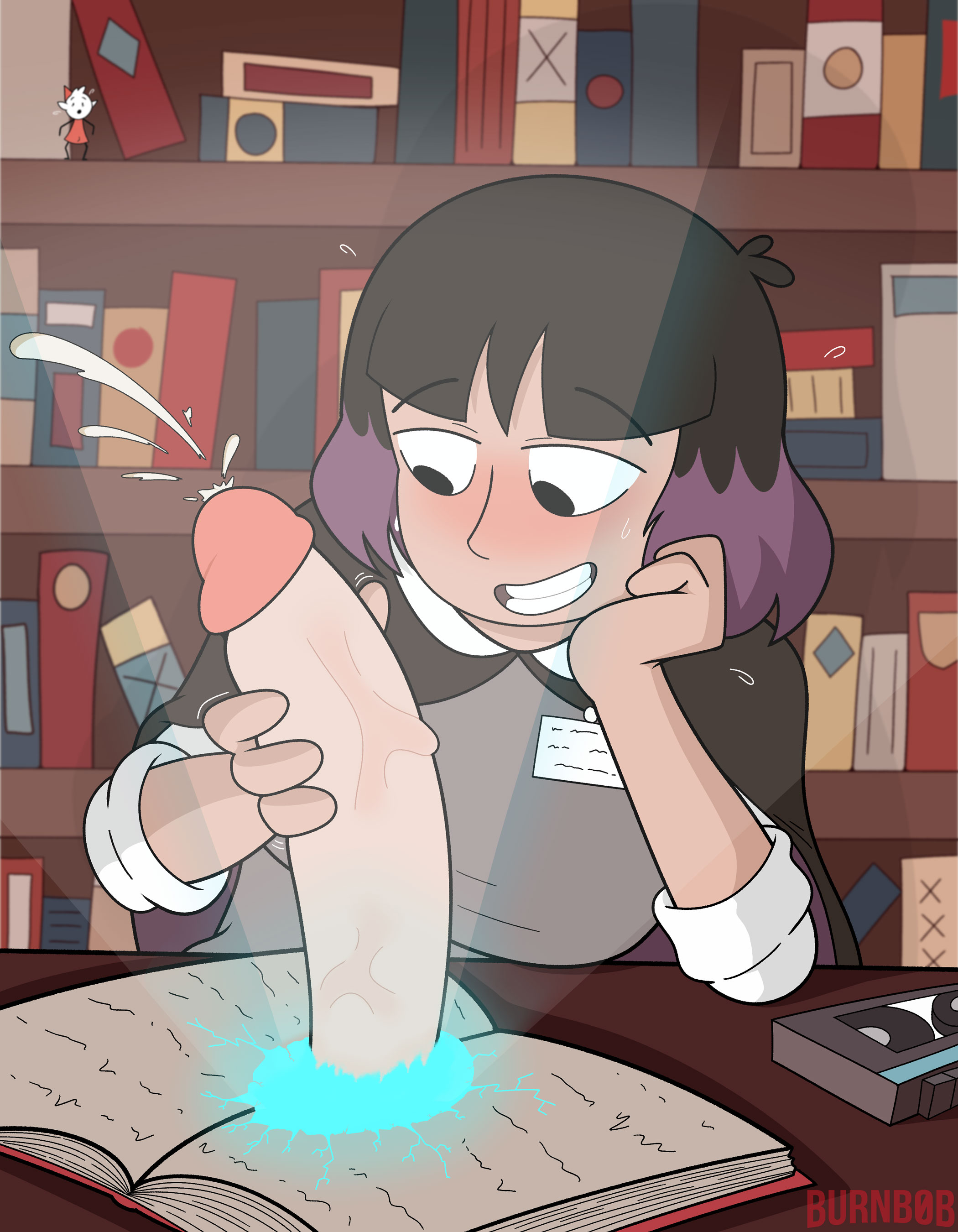 1girls, alfur aldric, burnbob, disembodied penis, ejaculation, handjob, hilda (series), kaisa (hilda), magic, portal sex, purple hair, two-tone hair, witch