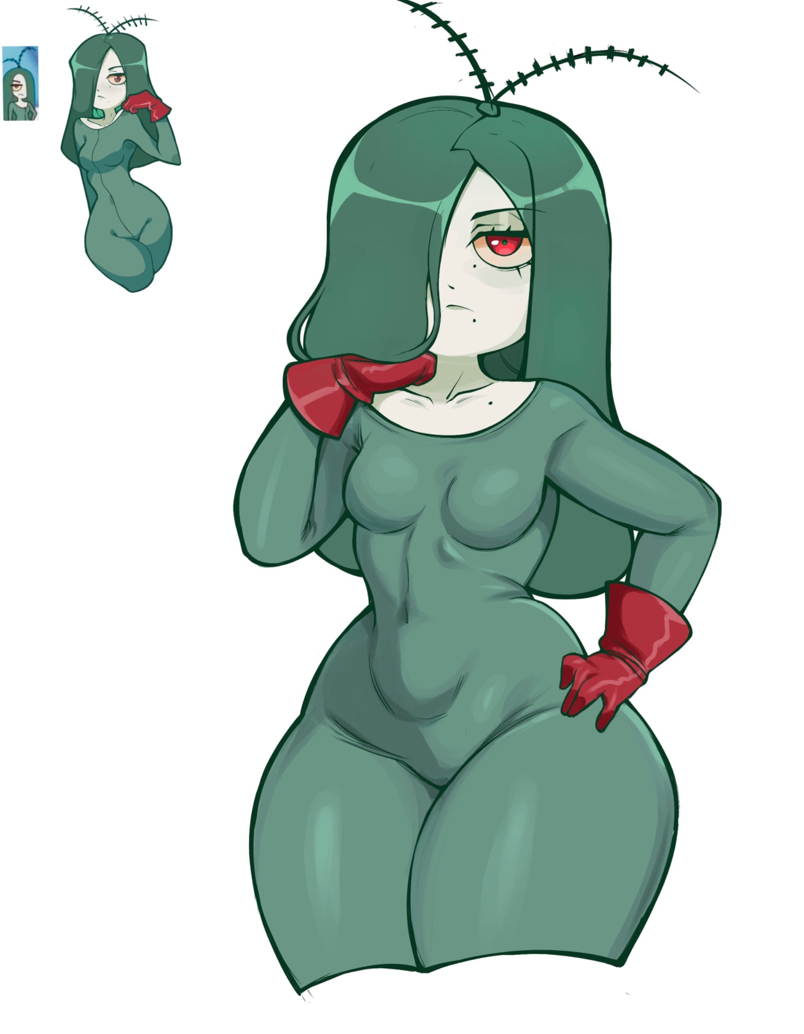 1girl, 1girls, ahoge, blush, breasts, covered navel, female, genderswap, gloves, green hair, green suit, hair over one eye, hand on hip, humanized, kimboscraft, light green skin, long green hair, long hair, nickelodeon, planksette, plankton, red eyes, rule 63, sheldon j. plankton, solo, spongebob rule63 acrylictoon, spongebob squarepants, thick thighs, thighs, tight clothing