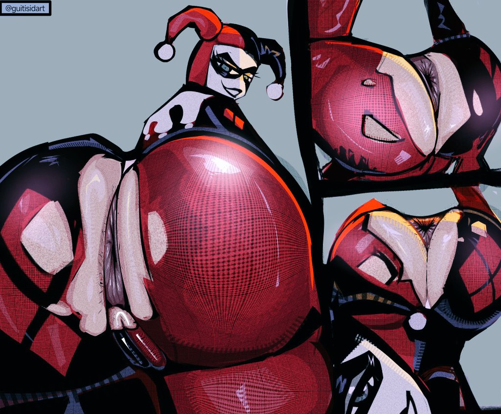1girls, anus, ass, ass focus, batman (series), big ass, black lipstick, blue eyes, bodysuit, breasts, dc, dc comics, domino mask, female, female only, guitisidart, harlequin, harley quinn, harley quinn (classic), hat, huge ass, jester, jester cap, jester costume, large breasts, latex, lipstick, mask, shiny clothes, smile, tagme, torn bodysuit, torn clothes, two-tone bodysuit, two-tone hat, white facepaint
