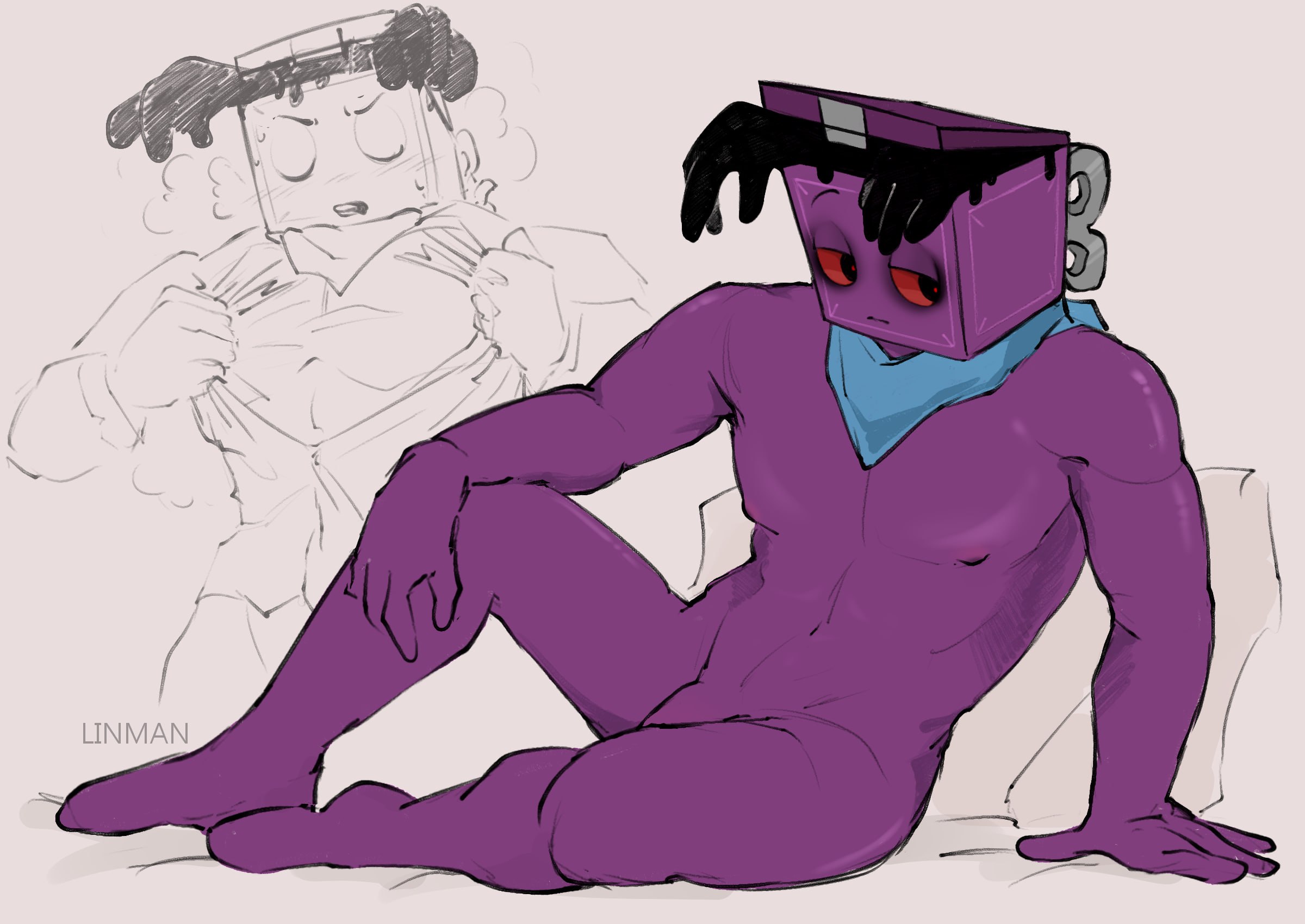 1anthro, 1boy, anthro, artwork (digital), bandana, blue bandana, blushcrunch studio, boxten (dandy's world), color, colored, dandy's world, dandys world, for a head, linman, male, male only, naked, naked male, nude, nude male, purple skin, red sclera, roblox, sitting, solo, solo male, toon (dandy's world), twisted boxten (dandy's world), video games