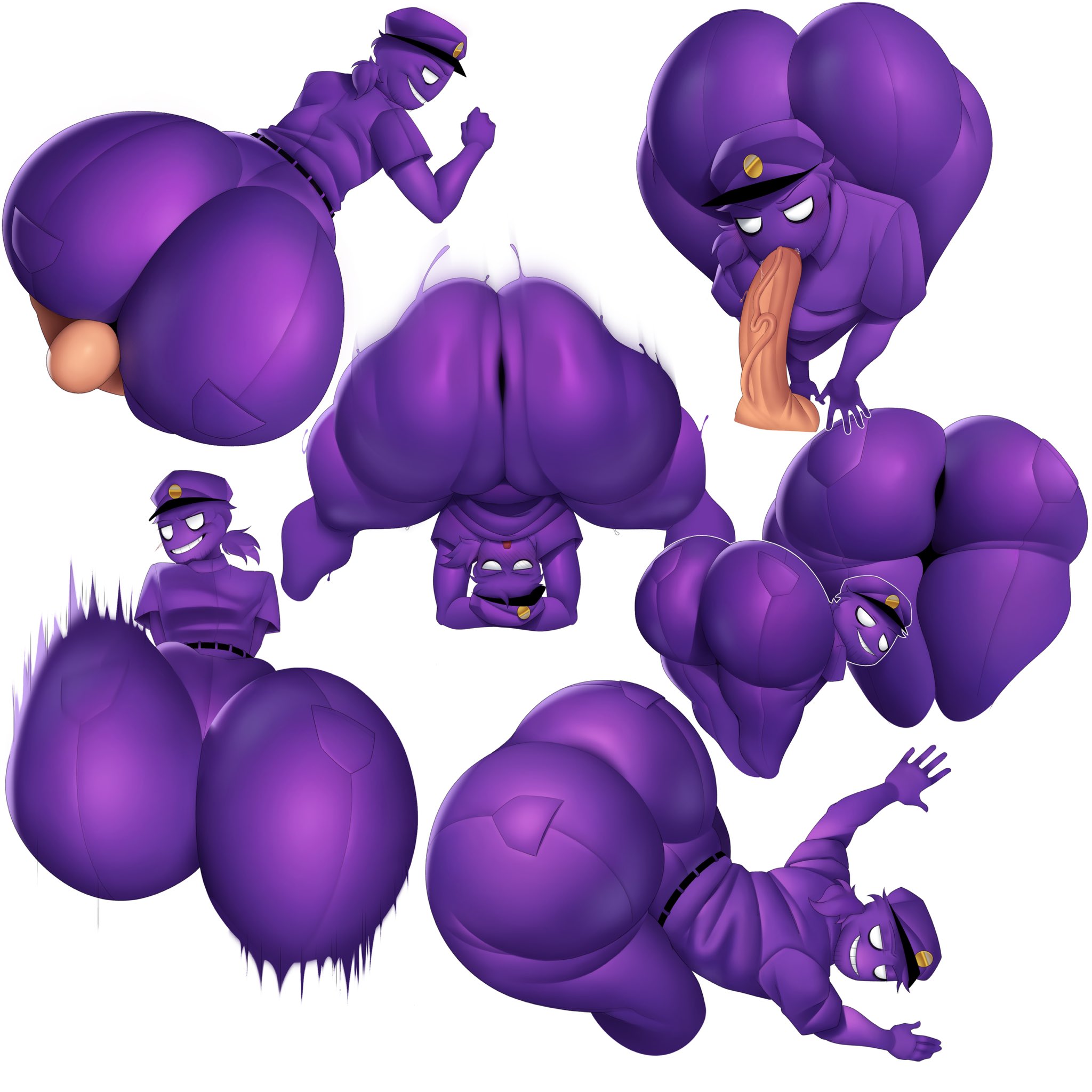 1boy, 1boy1ambiguous, 1boy1other, 1boys, 2boys, 2d, 2d (artwork), ambiguous gender, anon, anonymous character, ass, ass bigger than head, ass focus, back pockets, bedroom eyes, belt, big ass, big butt, black belt, black footwear, black shoes, blowjob, bubble ass, bubble butt, cap, clothed, clothed male, digital media (artwork), eyebrow raise, face down ass up, facesitting, fan character, fat ass, fat butt, five nights at freddy's, fnaf, fully clothed, gay, gay sex, hair, half-closed eyes, hat, head down ass up, headgear, headwear, huge ass, huge butt, jeans, light skin, looking at viewer, low ponytail, male, male focus, male only, male/male, mascot horror, mischievous smile, no pupils, ponytail, purple body, purple bottomwear, purple cap, purple clothing, purple guy (fnaf), purple hair, purple jeans, purple pants, purple shirt, purple skin, purple topwear, rebornica, scottgames, security hat, sex, shoes, short sleeves, smile, smiling, smiling at viewer, soubarlobsu, sucking, sucking penis, teeth, teeth clenched, teeth showing, thick ass, thick butt, thick thighs, thighs, tied hair, vincent (fnaf), white background, william afton, yaoi