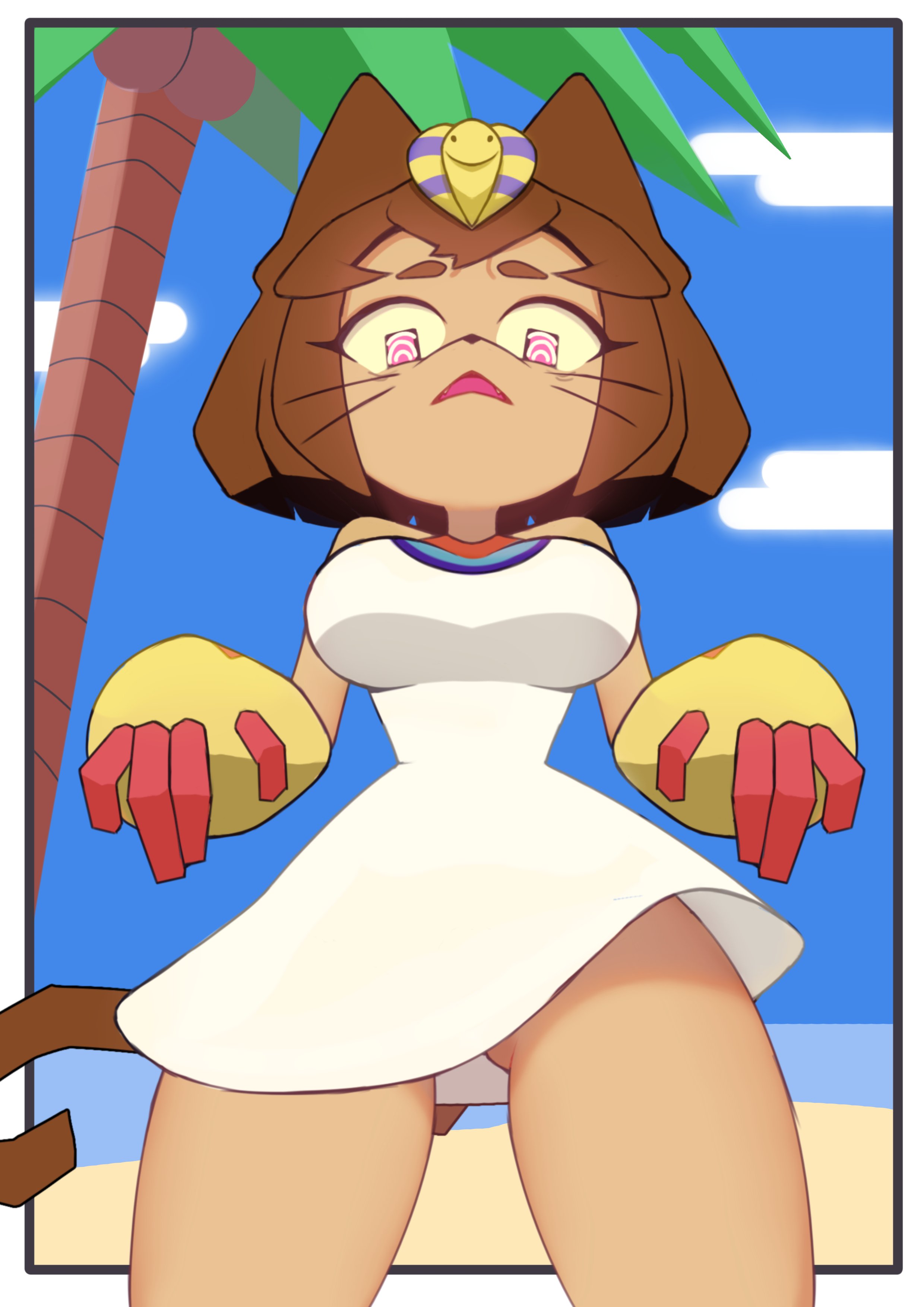 1girls, animal crossing, animal ears, ankha (animal crossing) (cosplay), ankha (cosplay), beach, big breasts, breasts, brown hair, cat ears, catgirl, clothing, crossover, dress, furry, gameoverse, glitch productions, kit (gameoverse), kit bodega, large breasts, red eyes, short dress, short hair, solo, tail, thighs