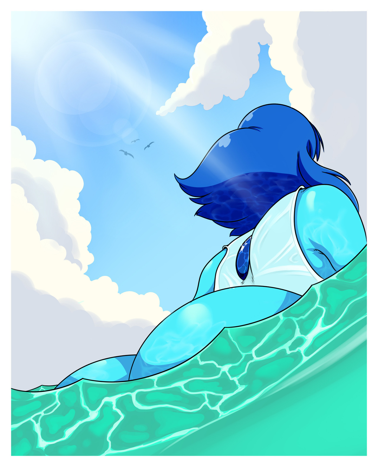 1girls, ass, ass crack, bare shoulders, blue hair, blue skin, bottomless, bubble ass, bubble butt, butt crack, cartoon network, cloud, female, gem (species), highres, lapis lazuli (steven universe), ocean, partially submerged, sky, steven universe, swimming, water