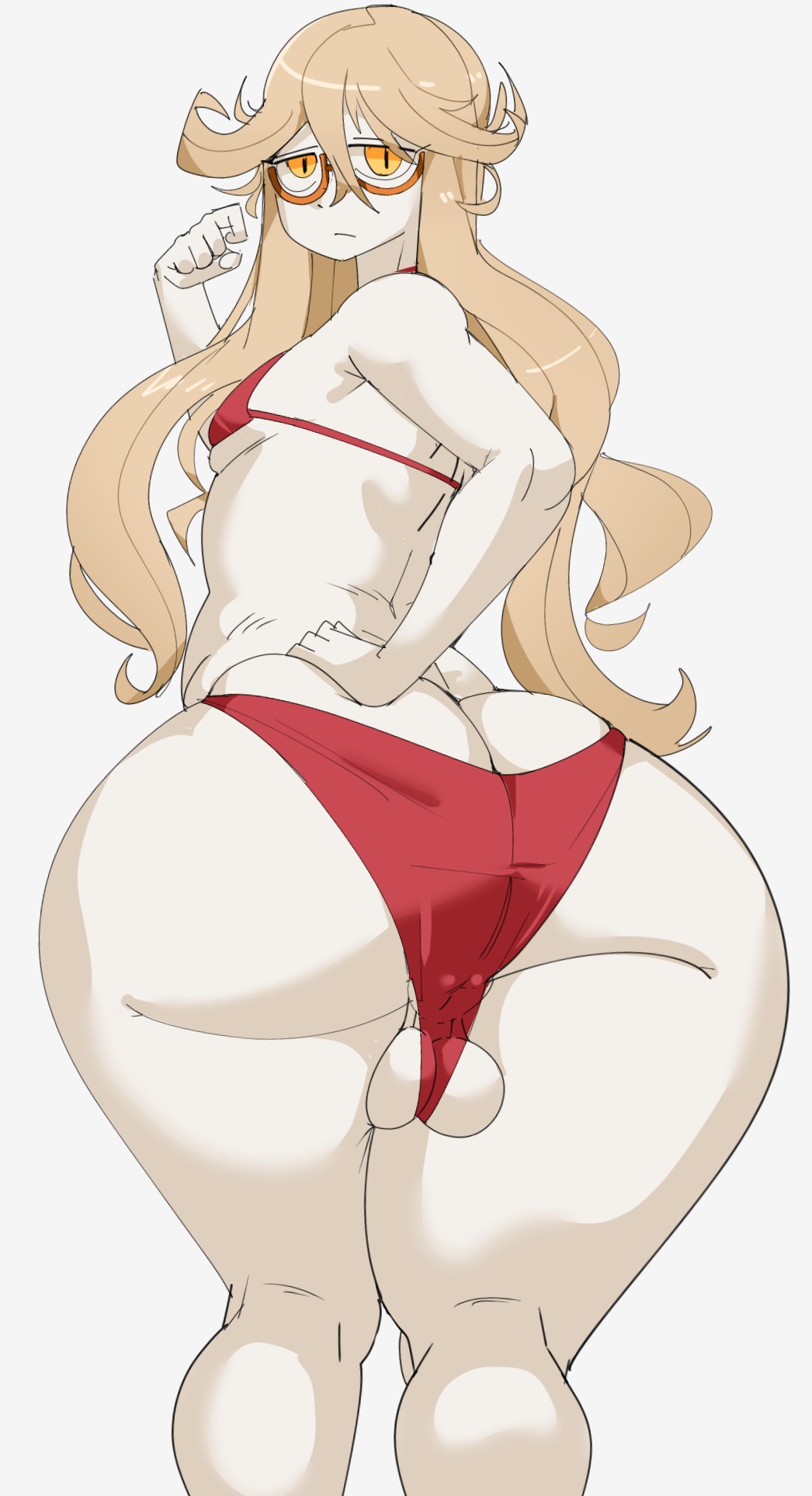 balls, big ass, disinterested, femboy, funamusea, glasses, loftysundew, long hair, looking at viewer, orange eyes, red bikini, siralos, white skin