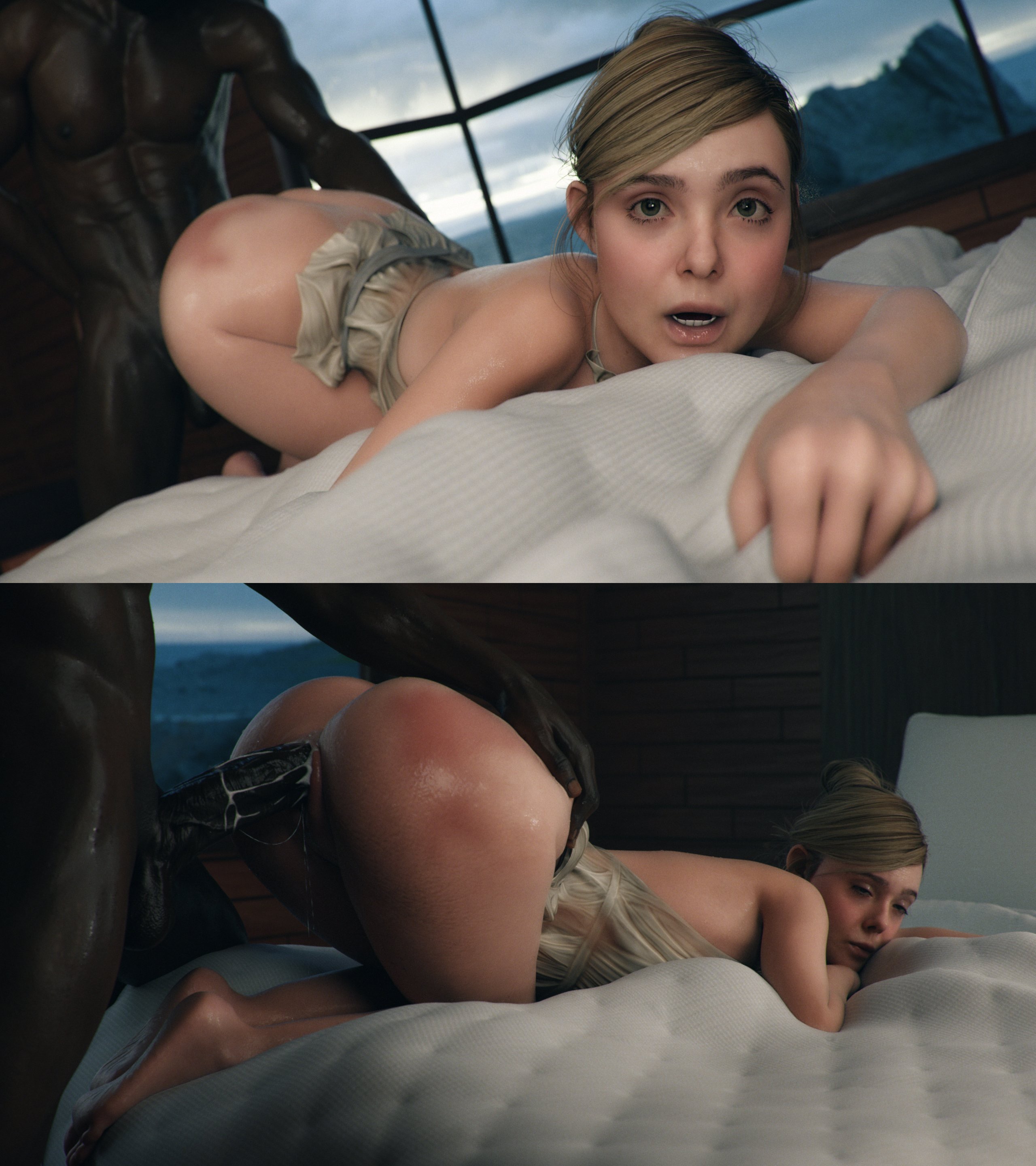 3d, ass, big ass, blonde hair, cum in pussy, cum inside, dark skin, dark-skinned male, death stranding, death stranding 2: on the beach, doggy style, elle fanning, face down ass up, from behind position, grabbing sheets, hair bun, hairbun, huge cock, interracial, leeterr, light skin, light-skinned female, looking at viewer, spank marks, tomorrow (death stranding)