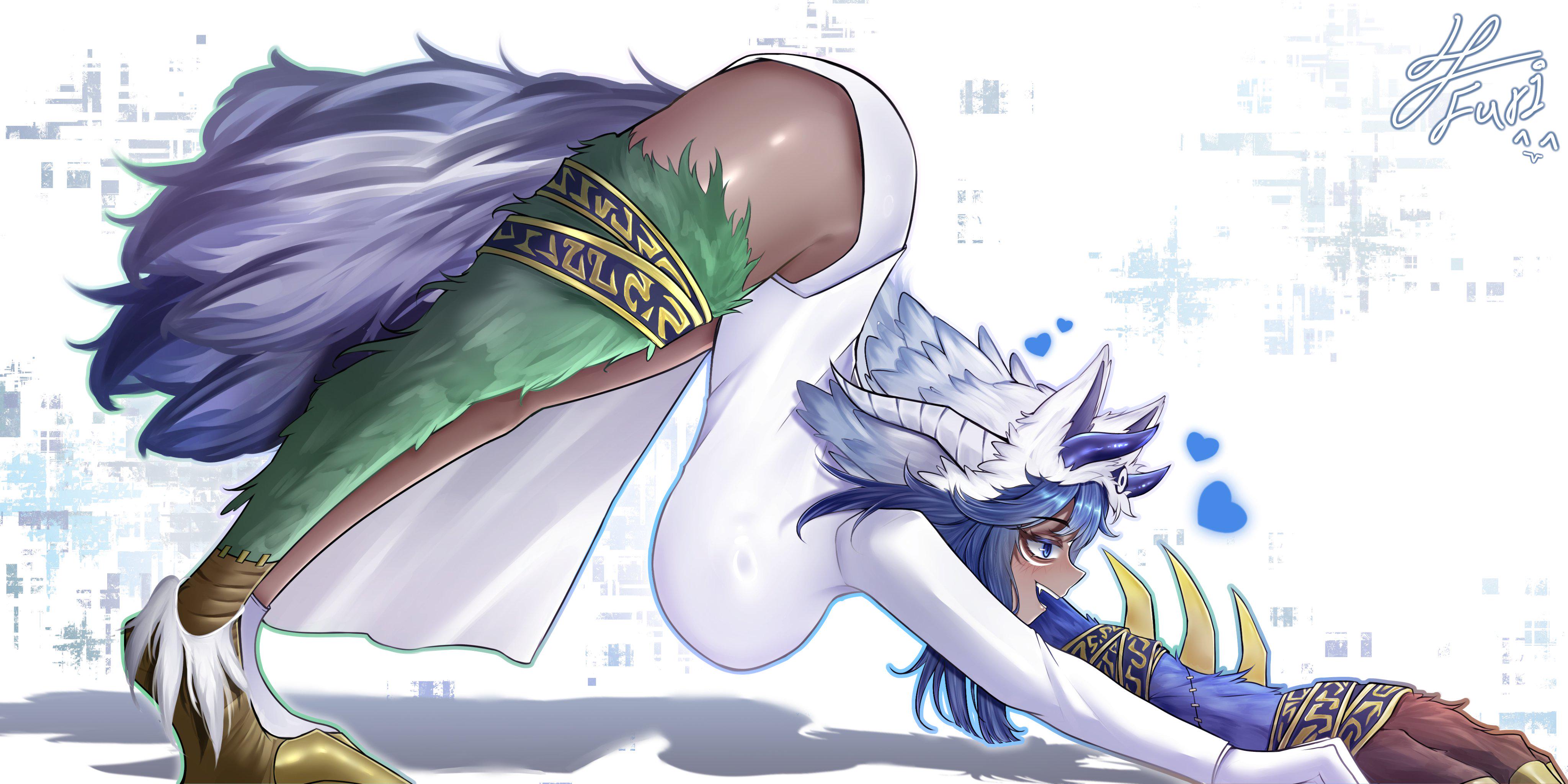 ass up, blue hair, cat stretch, clothed, dark-skinned female, furidrawing, hanging breasts, large breasts, limbus company, no sex, project moon, rufo (limbus company), side view, stretching, watermark, wolf girl, yoruichi pose, yoruichi stretch