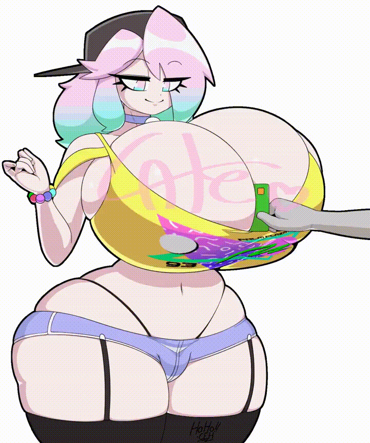 1boy 2020s 2026 animated animated_gif big_breasts big_bulge breast_jiggle breasts brown_hair bulge busty_boy busty_male cleavage credit_card gif gigantic_breasts huge_breasts huge_thighs hyper_breasts jiggle jiggling_breasts large_breasts male male_focus male_with_breasts oc original_character peanut_butter_(theycallhimcake) purifierunit37 shoes solo solo_focus swaying tagme tall tank_top theycallhimcake thick_thighs thighhighs thong_above_shorts thong_straps top_heavy white_background wide_hips