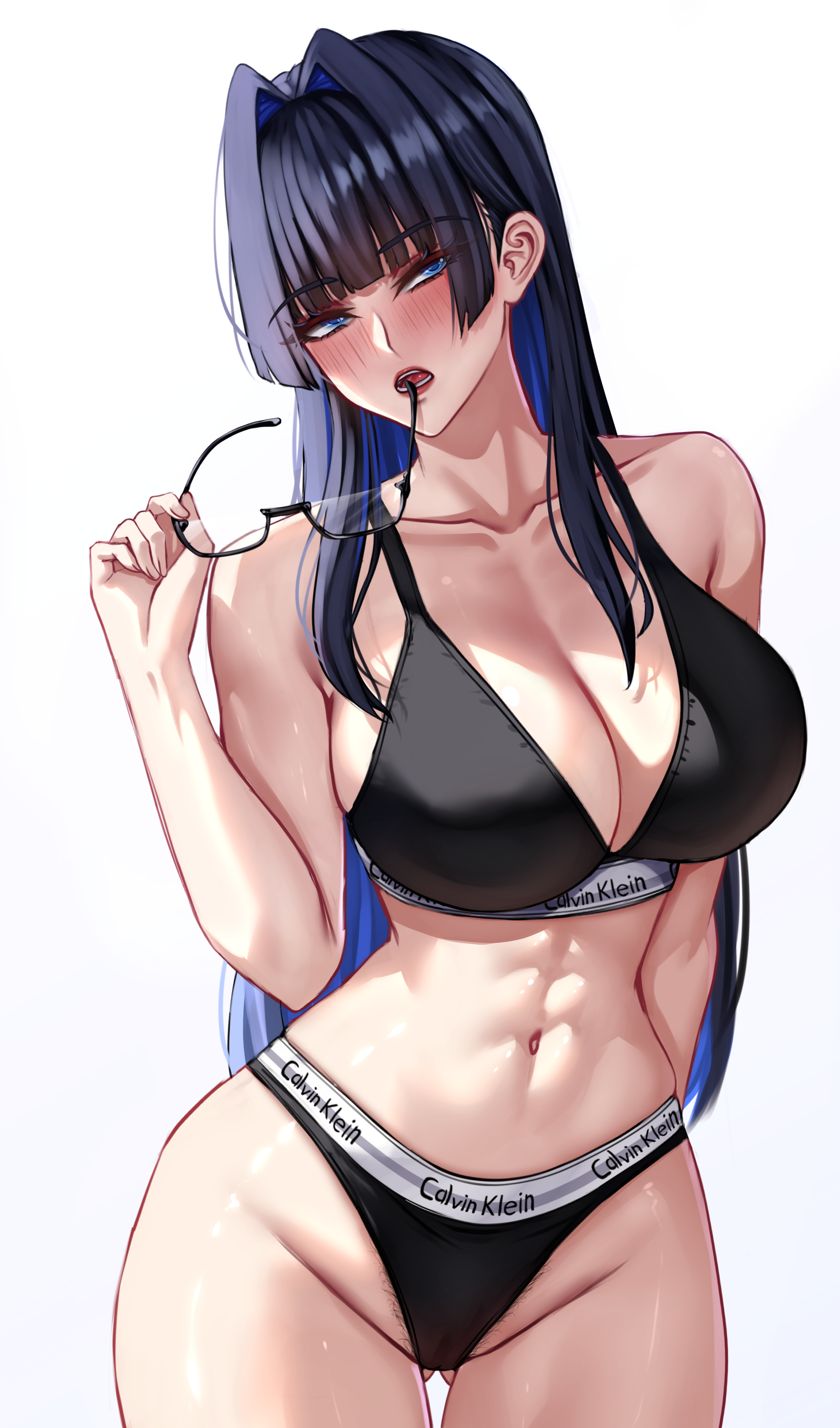 1girl, abs, absurdres, bare shoulders, black bra, black hair, black panties, black sports bra, blue eyes, blue hair, blush, bra, breasts, calvin klein, cleavage, clothes writing, collarbone, female pubic hair, glasses, gluteal fold, hair intakes, highleg, highleg panties, highres, holding, holding removed eyewear, hololive, hololive english, karma3009, large breasts, long hair, multicolored hair, narrow waist, naughty face, navel, open mouth, ouro kronii, panties, pubic hair, pubic hair peek, simple background, solo, sports bra, sports panties, thigh gap, toned, toned female, underwear, underwear writing, unworn eyewear, virtual youtuber, white background, wide hips