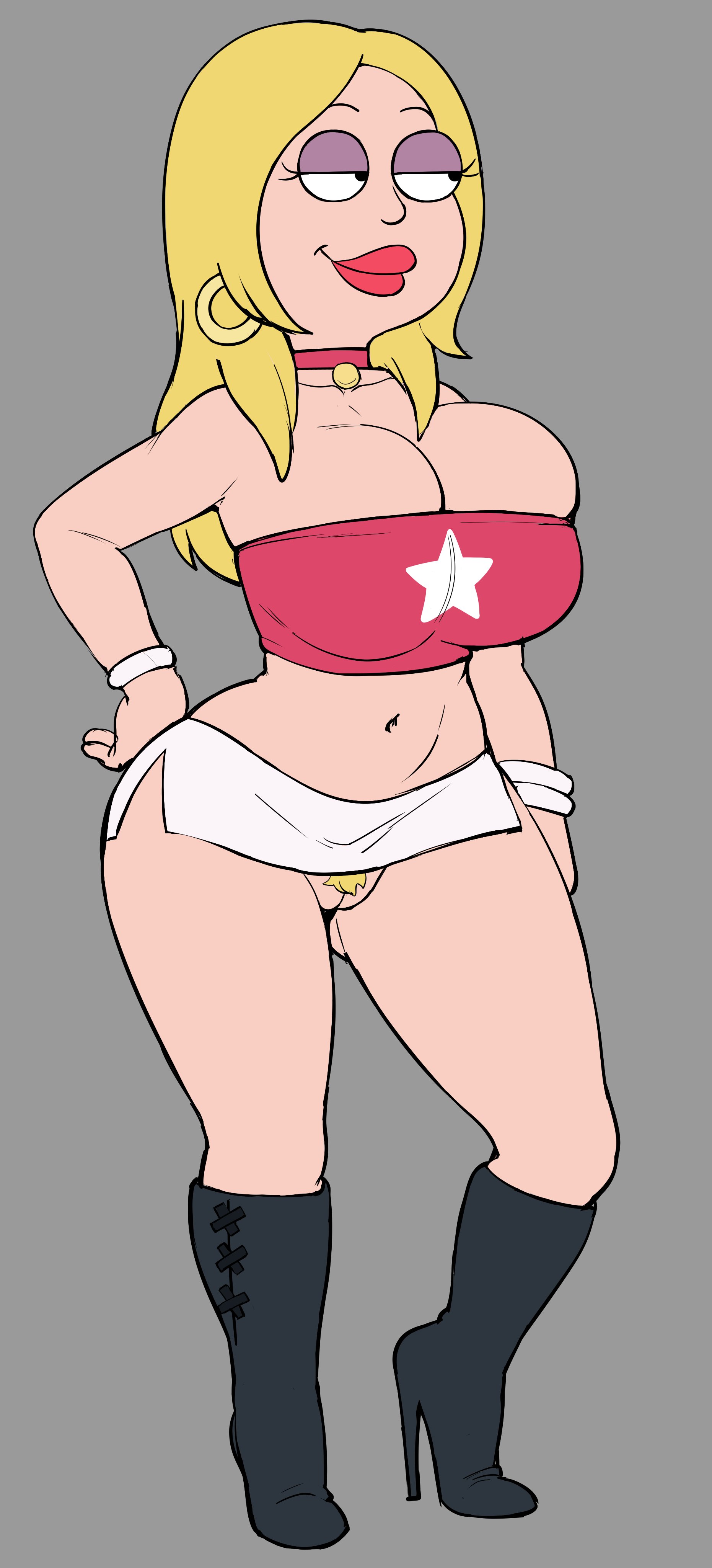 1girls, 2025, american dad, big breasts, blonde hair, breasts, clothing, earrings, female, francine smith, grey impact, greycausatum, hand on hip, heel boots, high heel boots, high heels, long hair, make up, miniskirt, pussy, rock and roll sherpa (francine smith), short skirt, skirt, smile, smiling, tube top, tubetop, white skin