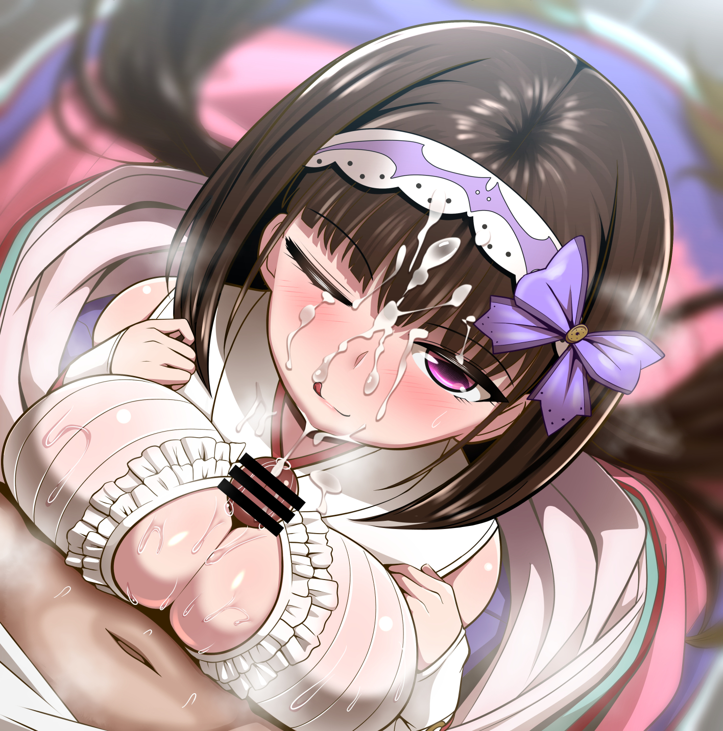 breasts, censored, cleavage, cum, cum on face, cumshot, erection, facial, fate (series), fate/grand order, female, large breasts, looking at viewer, male, osakabe-hime (fate), paizuri, penis, pov, sekai saisoku no panda, straight