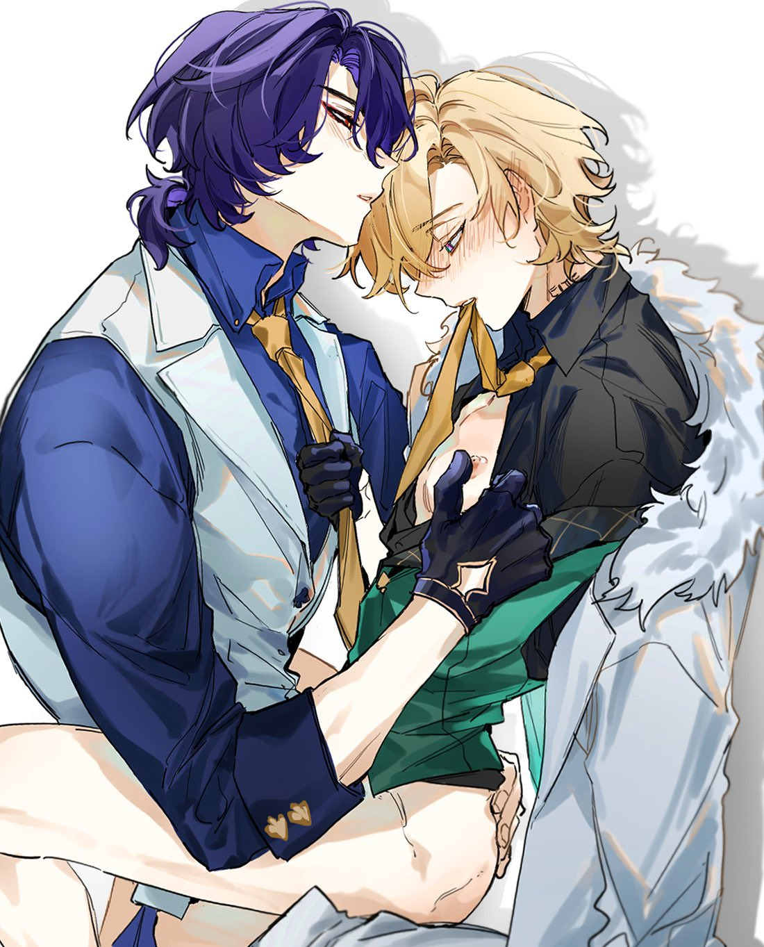 aventurine (honkai: star rail), dr. ratio (honkai: star rail), gay, honkai: star rail, male, nipples, partially clothed, tagme, tie, yaoi