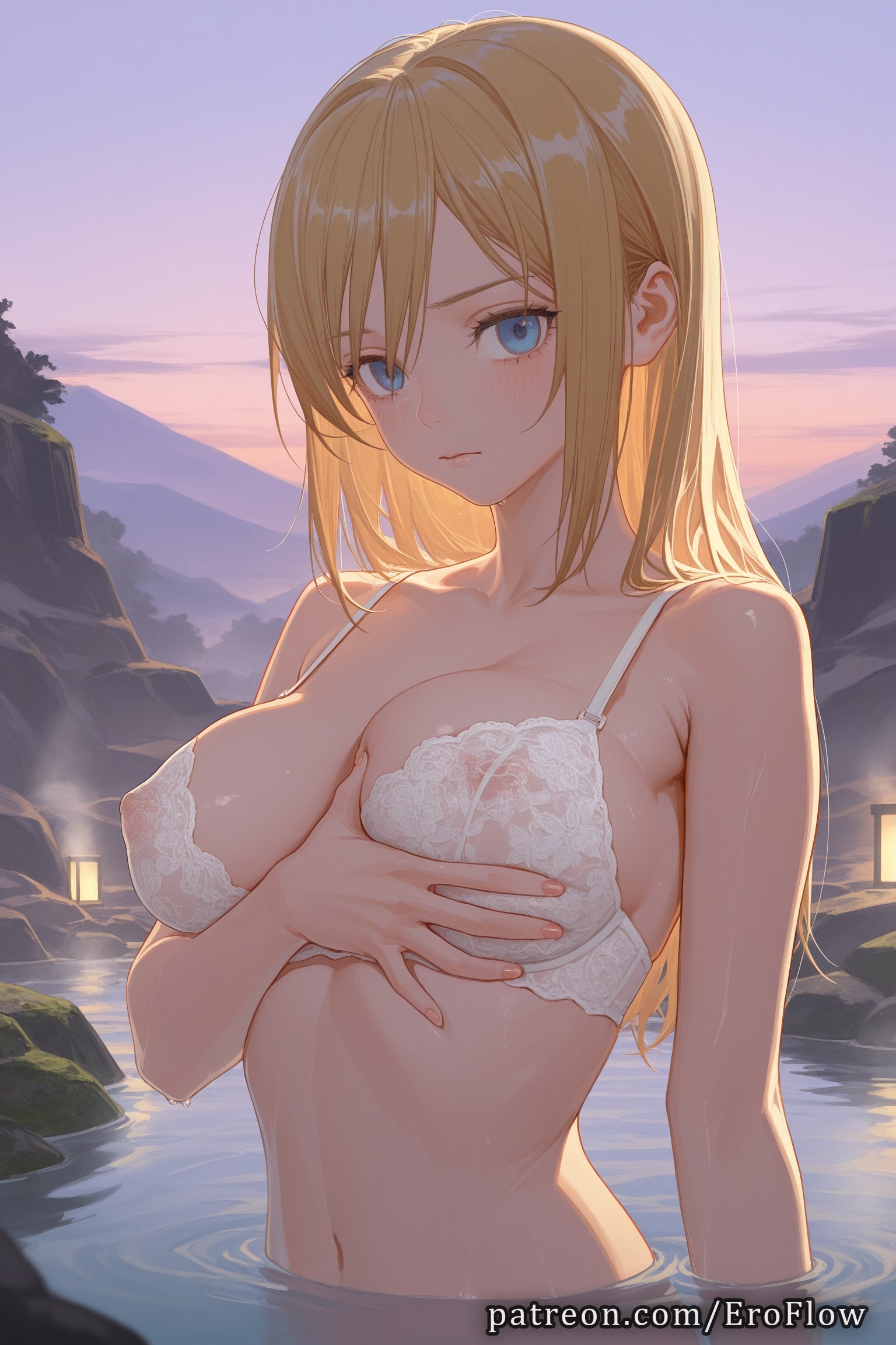 1girls, 2025, ai generated, attack on titan, bangs, bare shoulders, blonde hair, blue eyes, blush, bra, breasts, closed mouth, collarbone, covered nipples, erect nipples, eroflow, female, hard nipples, hi res, highres, historia reiss, large breasts, long hair, looking at viewer, navel, nipples, onsen, outdoors, patreon, see-through, shingeki no kyojin, solo, underwear, upper body, voluptuous, voluptuous female, water, wet, white bra