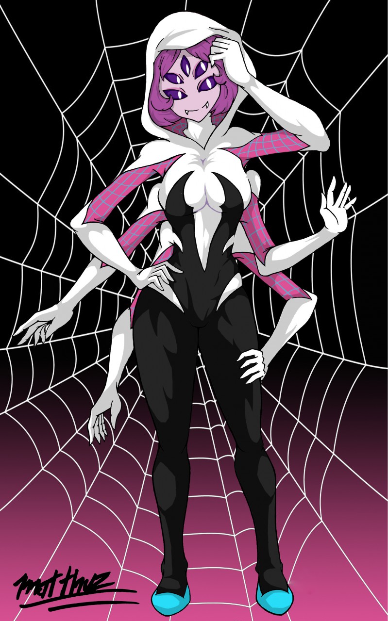 5 eyes, big breasts, breasts, clothed, clothing, cosplay, female, hood up, marvel, marvel comics, monster girl, muffet, multi eye, spider girl, spider web, spider-gwen (cosplay), spider-man (series), spider-man: into the spider-verse, superhero costume, tagme, tagme (artist), thick thighs, undertale, undertale (series)