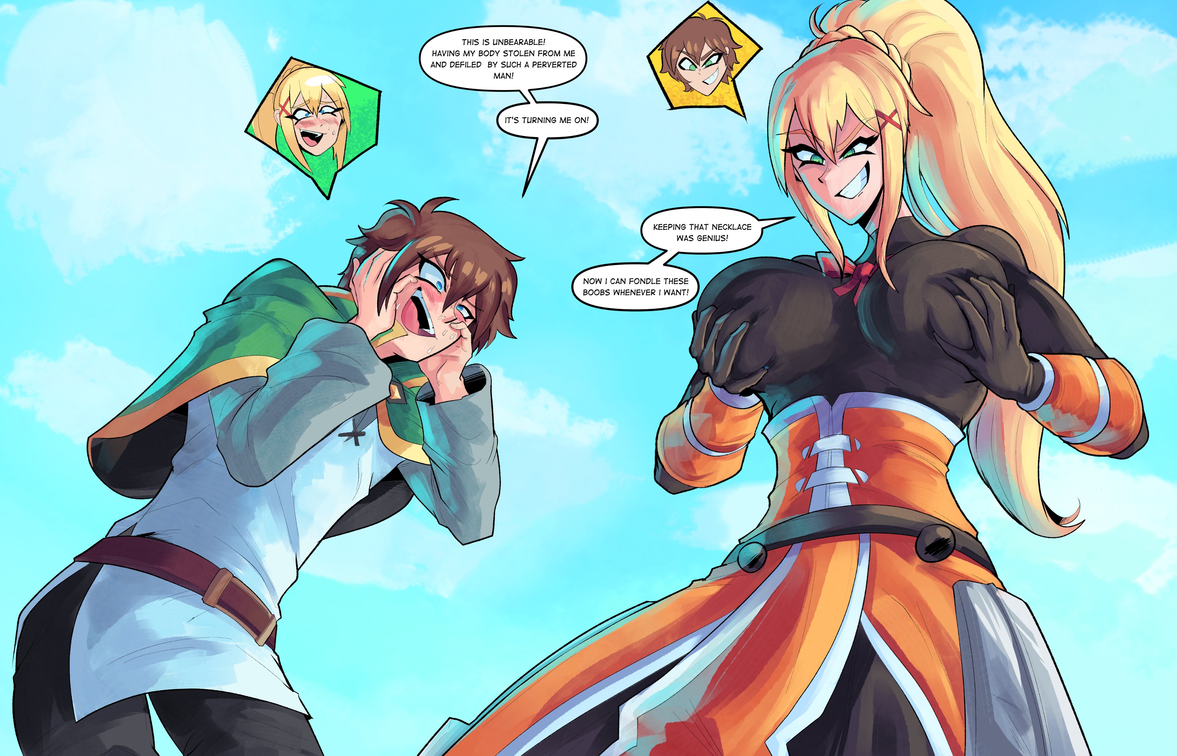 1boy, 1girls, body swap, body switch, breasts, darkness (konosuba), female, groping, groping breasts, huge breasts, kono subarashii sekai ni shukufuku wo!, konosuba, light skin, light-skinned female, light-skinned male, male, male/female, possession, verteeg