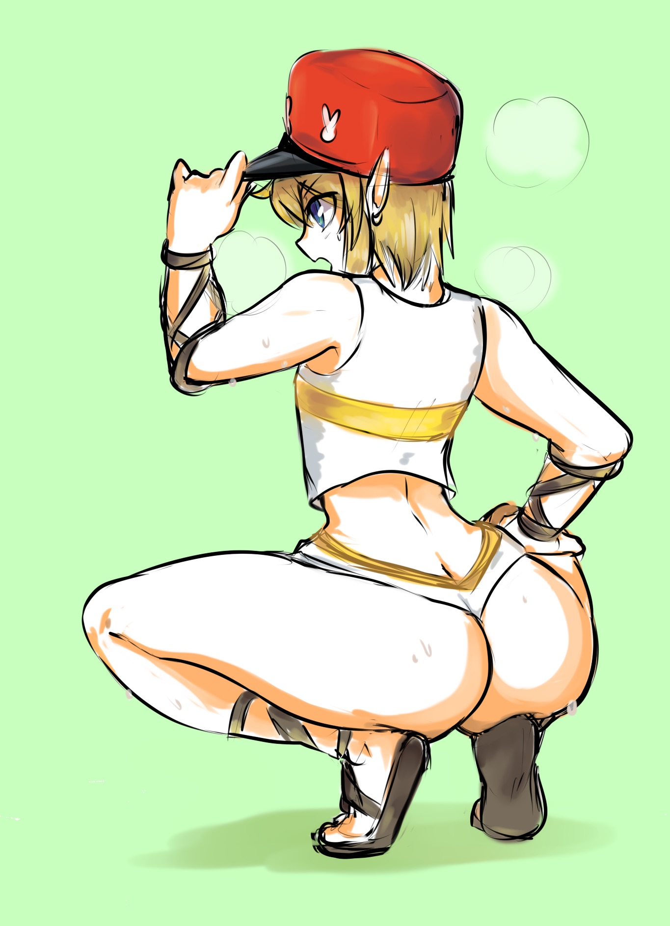 1boy, androgynous, arched back, ass, ass cleavage, ass crack, back, bare shoulders, big ass, blonde hair, blue eyes, booty shorts, butt crack, butt shot, ear piercing, earring, femboy, girly, hand on thigh, hat, hips, hourglass figure, hylian, link, male, male only, nintendo, open toe shoes, pointy ears, postman hat, sandals, short shirt, shorts, solo, solo male, squatting, sweat, sweatdrop, the legend of zelda, thick thighs, trap, twink, visible breath, yellow kirby