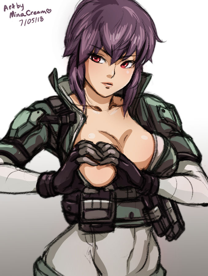 1girls, 2018, alternate version available, breasts, cleavage, female, female only, ghost in the shell, ghost in the shell stand alone complex, ghost in the shell: first assualt, heart-shaped boob challenge, kusanagi motoko, minacream, purple hair, red eyes, solo
