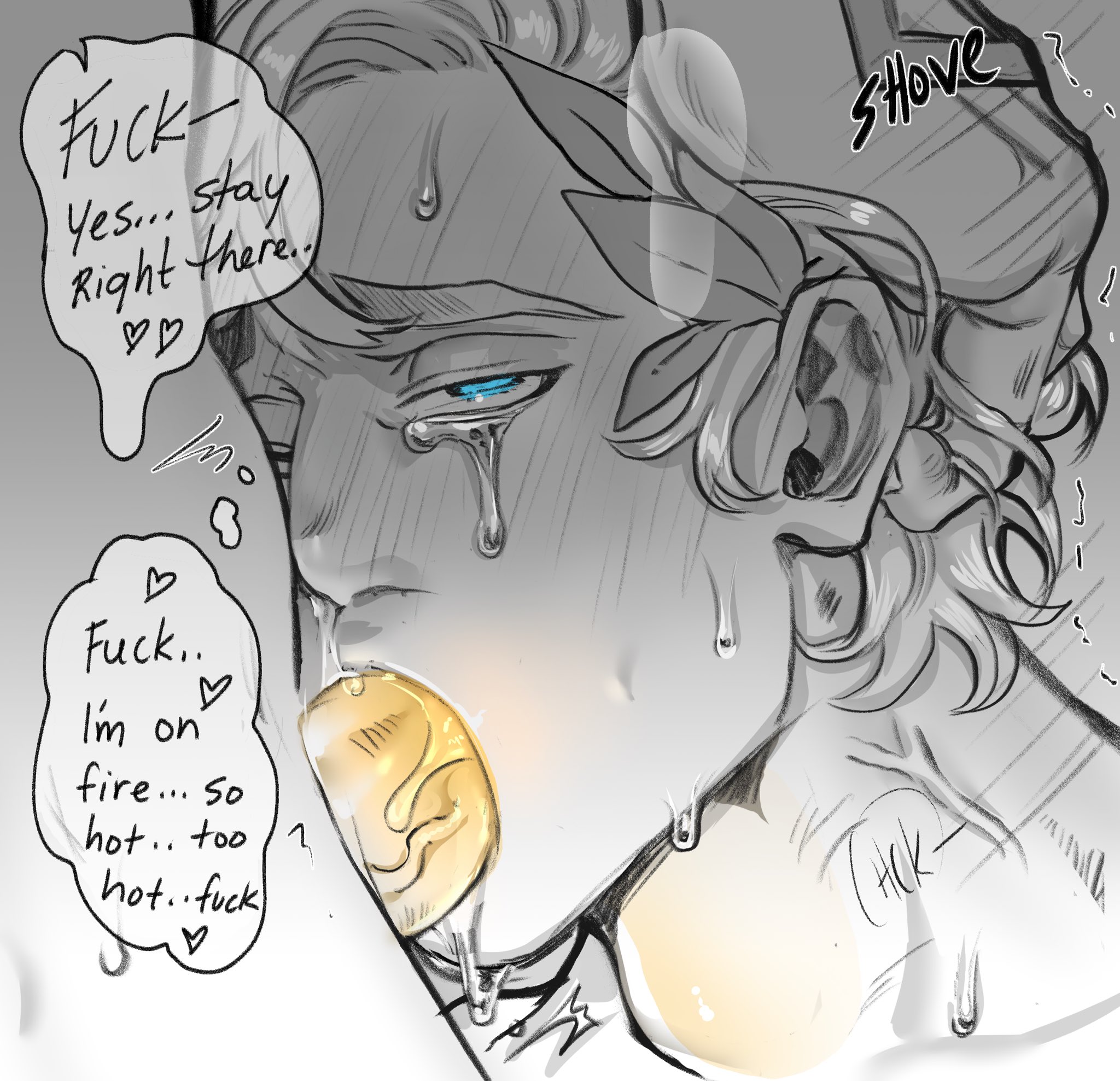 2boys, abs, blowjob, blowjob face, blue eyes, blush, deepthroat, drooling, english text, face closeup, gay, gay male, glowing genitalia, hades (game), male, male only, male/male, nude, nude male, ridinrapids, sweat, tears, theseus (hades), throat bulge, yaoi, zagreus