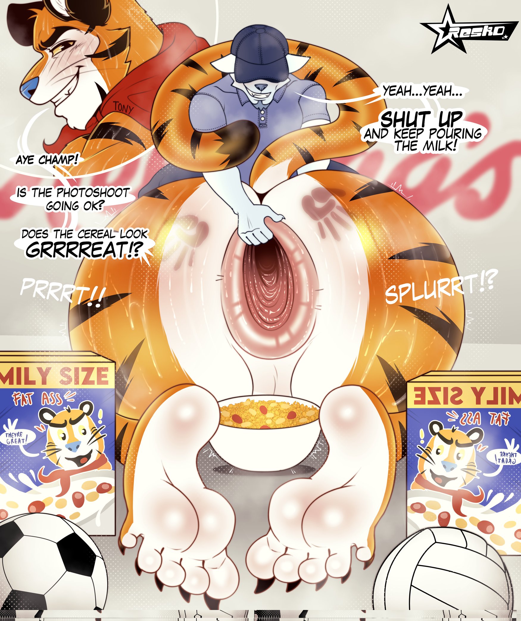2boys, anthro, anthro only, anus, anus focus, ass, blush, cereal, english dialogue, english text, facial hair, feet, felid, frosted flakes, gaping, gaping anus, gay, hat, kellogg's, male, male anthro, male focus, male only, mammal, mascot, pantherine, resko gothzebra, slap mark, smile, soccer ball, soles, spread anus, tail, text, tony the tiger, volleyball