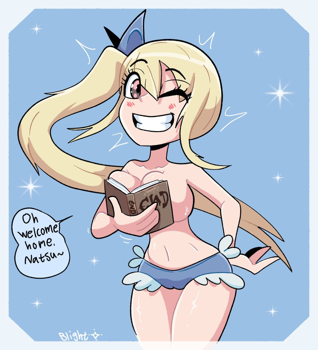 1girls, blightstar, blonde hair, blonde-haired female, blue panties, book, book covering breasts, breasts, brown eyes, cameltoe, censoring self, character pov, covering breasts, fairy tail, female, female only, frilled panties, hair ornament, hand on hip, large breasts, light skin, lucy heartfilia, mage, magic book, male, meme, natsu dragneel, offscreen male, ouch meme, panties only, pussy, side ponytail, smile, solo, talking to partner, tease, twitter meme, twitter trend, vagina, wink
