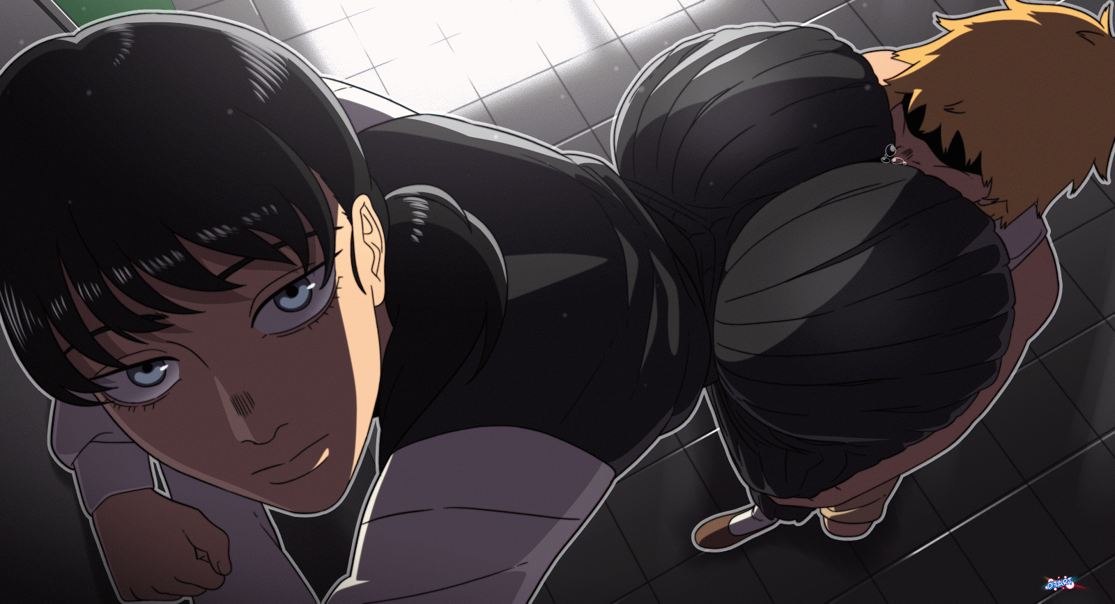 1boy, aged up, animated, ass, big ass, black hair, chainsaw man, curvy female, curvy figure, d-art, denji (chainsaw man), eating ass, female, fourth east high school uniform, looking at viewer, male, mitaka asa