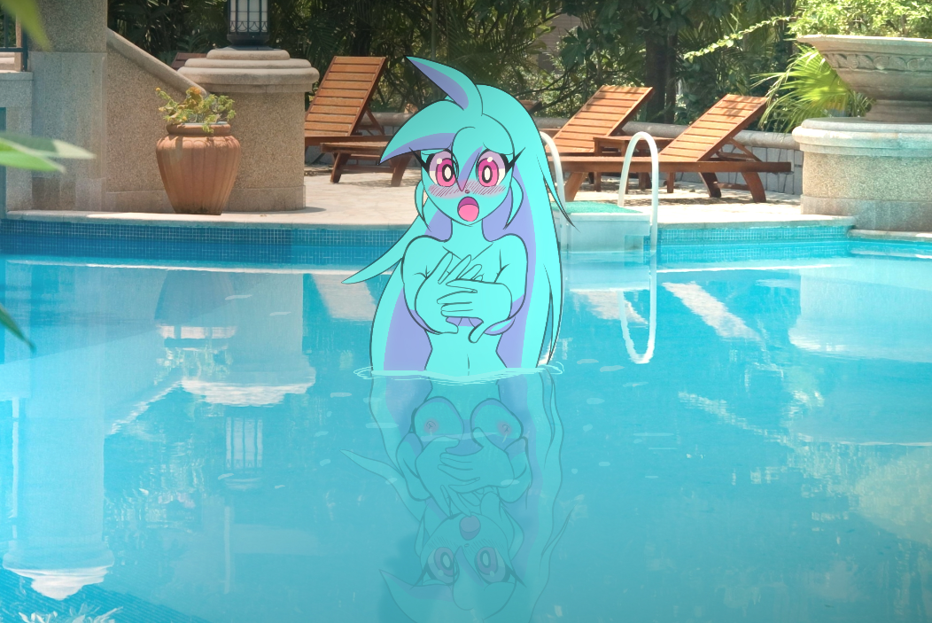 2017 anthro blue_fur blush breasts canine convenient_censorship female fur hair long_hair looking_at_viewer loulouvz mammal navel nipples nude photo_background reflection skinny_dipping solo spaicy spaicy_chicross swimming_pool voyeur