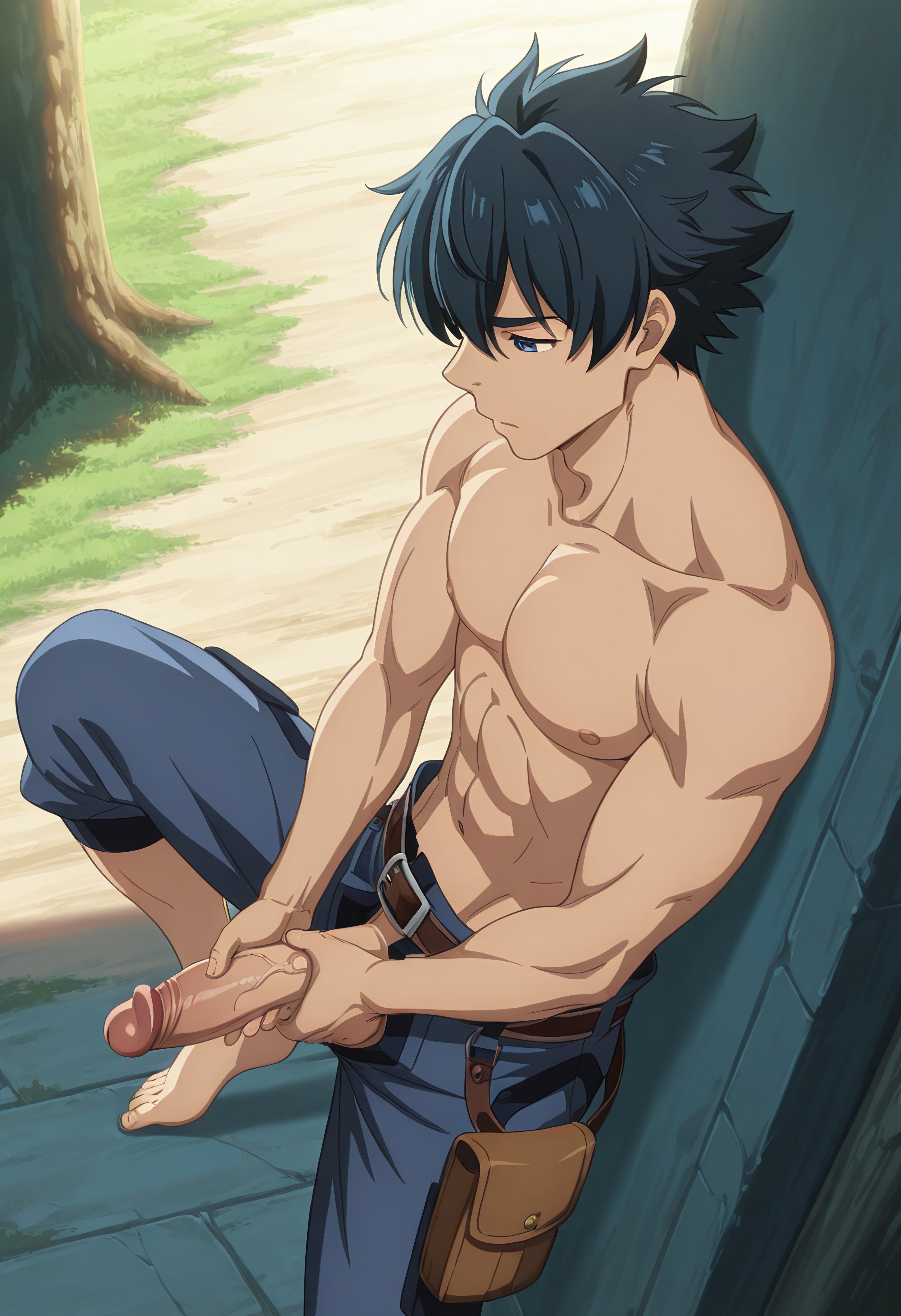 1boy, ai generated, bara, male, male focus, male only, masturbation, shangri-la frontier, snackji, sunraku, two-handed masturbation, yaoi