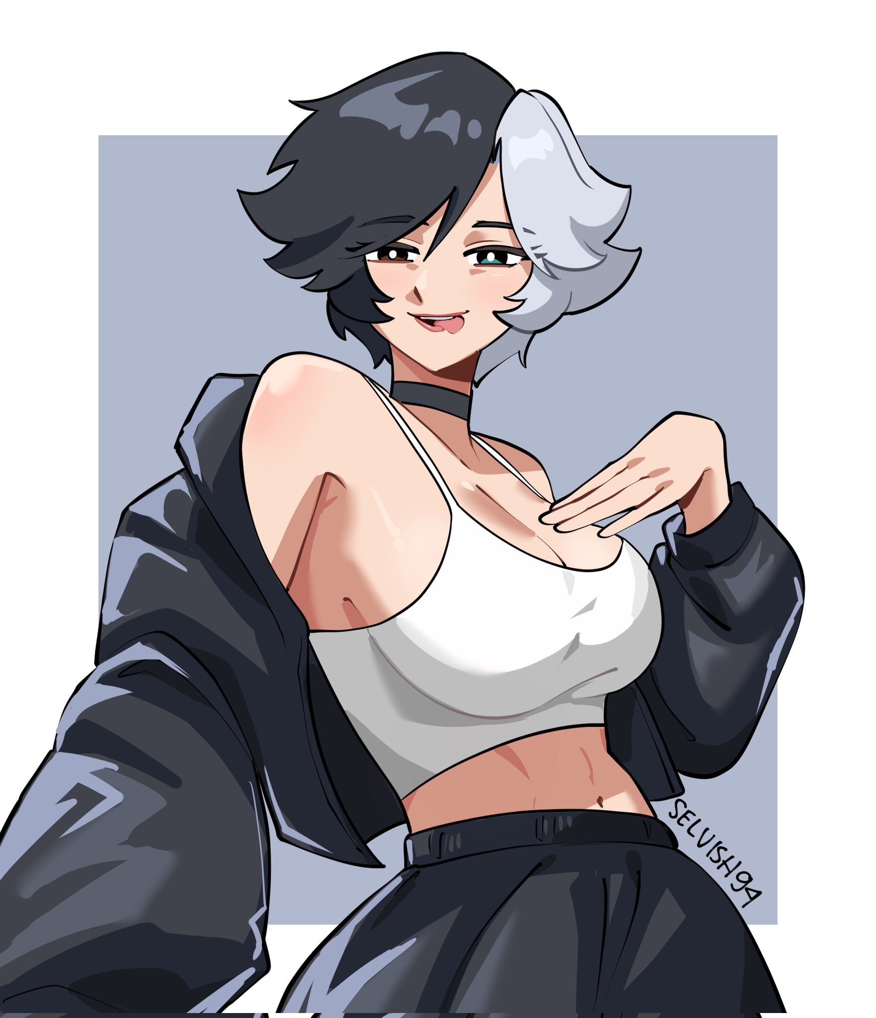 1girls, 2d, baggy clothing, belly button, big breasts, bra, breasts, cleavage, collar, fanart, female, female only, hand on breast, heterochromia, horny, horny female, jacket, jacket on shoulders, jacket partially removed, large breasts, looking at viewer, luna snow, luna snow (marvel rivals), marvel, marvel comics, marvel rivals, multicolored hair, selvish94, sideboob, solo female, sweat pants, tongue out