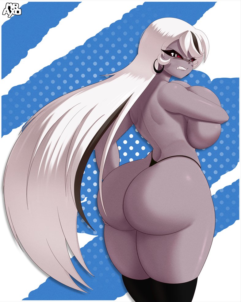 angry, angry face, ass, big breasts, bikini, breasts, carmilla carmine, clenched teeth, completely nude, covering breasts, female, hazbin hotel, long hair, looking back, milf, mister axolotl, nude, nude female, sideboob, thighs, white hair