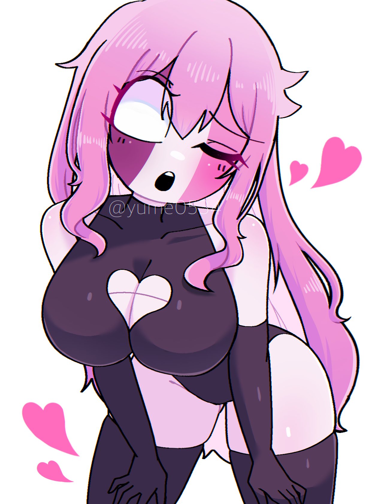 1girls, big breasts, bodysuit, boob window, breasts, female, friday night funkin, friday night funkin mod, gloves, latex gloves, leotard, long hair, pink body, pink hair, sarvente (dokki.doodlez), sarvente (friday night funkin), white background, white eyes, yume0534