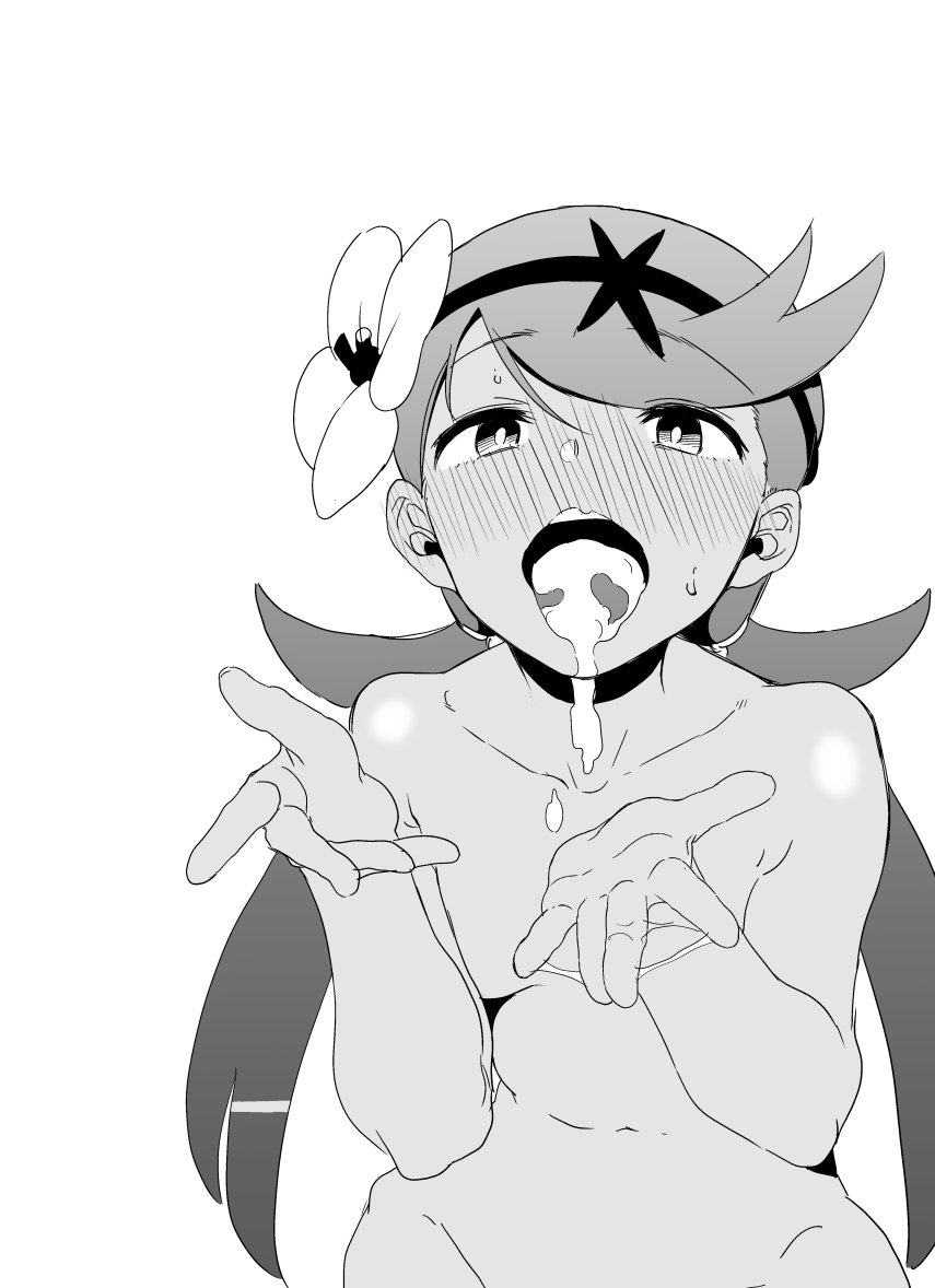 1girls ac_butsupa bangs belly blush collarbone cum cum_in_mouth cum_on_body cum_on_upper_body cum_string dark-skinned_female dark_skin female female_only flower greyscale groin hair_flower hair_ornament hair_tie hairband half-closed_eyes hands_up human kurosu_gatari long_hair looking_at_viewer mallow_(pokemon) monochrome navel nintendo nude open_mouth open_palms oral_invitation pokemon pokemon_sm shiny shiny_skin simple_background solo stomach sweat swept_bangs teeth twintails upper_body wet white_background white_pupils