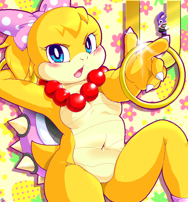 aliasing anthro barely_visible_genitalia barely_visible_pussy being_watched blue_eyes blush bow bracelet breasts claws clothing duo eyelashes female flower footwear g-sun hair hair_ribbon hairbow high_heels jewelry koopa koopaling lagomorph looking_at_viewer mammal mario_(series) nabbit navel necklace new_super_mario_bros._u nintendo nipples non-mammal_breasts open_mouth plant pointing pose pussy ribbons ring scalie shoes slightly_chubby solo_focus spiked_shell tongue video_games wendy_o._koopa