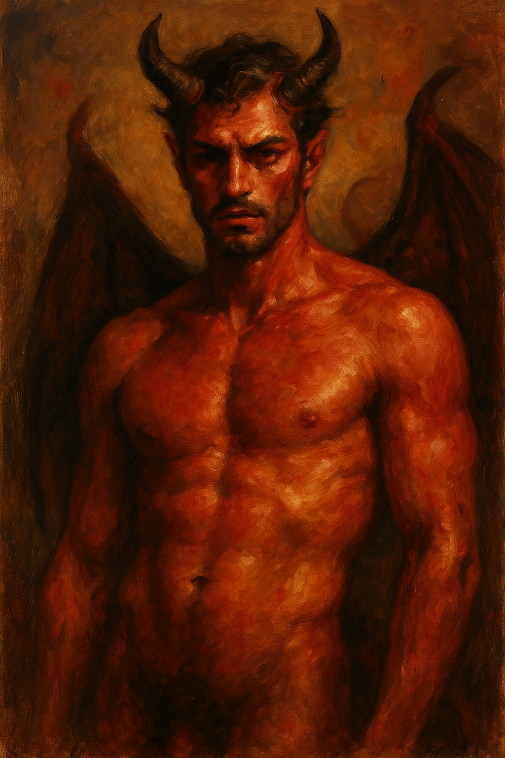 1boy ai_generated bare_chest black_hair demon devil facial_hair gay horns male male_nipples male_only masculine muscles muscular muscular_male nipples nude nude_male pinup red_skin smooth_skin smooth_skinned_male solo solo_male wings