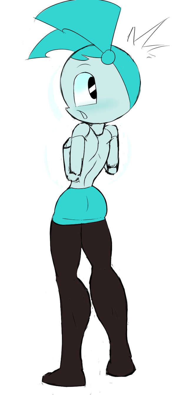 black_eyes blue_skirt brown_legwear covering_breasts hand_drawn jenny_wakeman my_life_as_a_teenage_robot nickelodeon robot robot_girl shocked_expression skirt smooth_skin topless velenor white_background xj-9 xj9